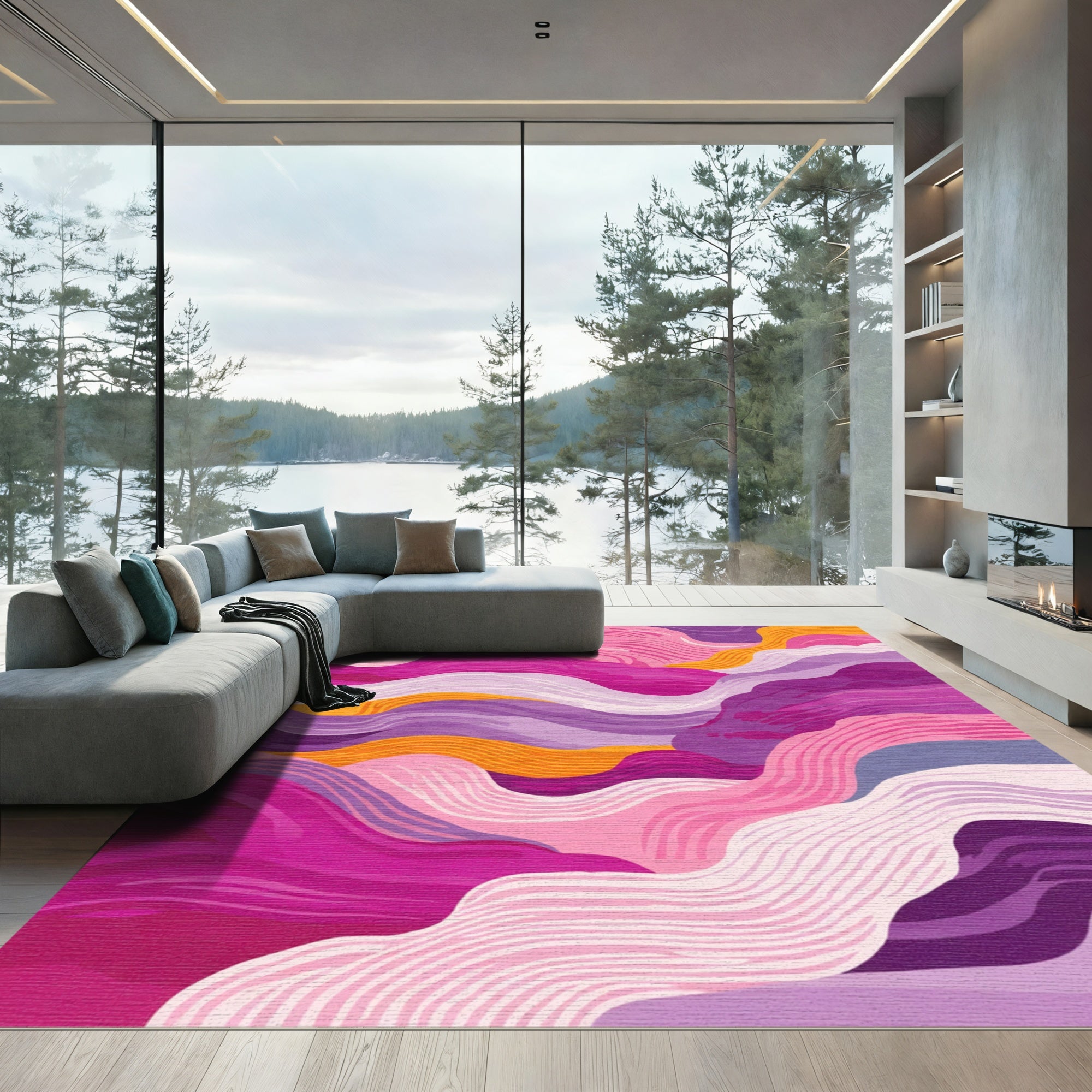 Vivid Magenta Abstract Wavy Stripes Rug