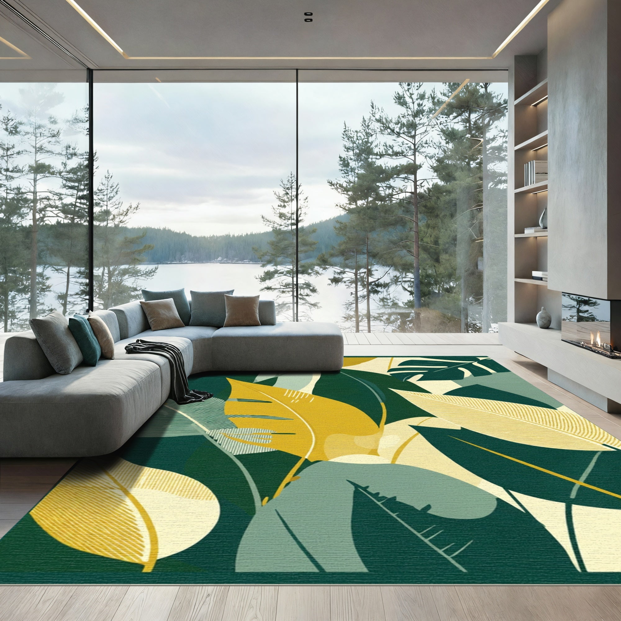 Modern Green Yellow Leaf Canopy Rug
