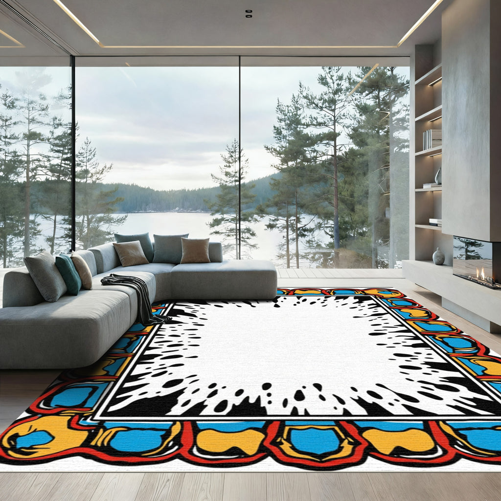 Bold Blue Yellow Red Border Splatter Rug