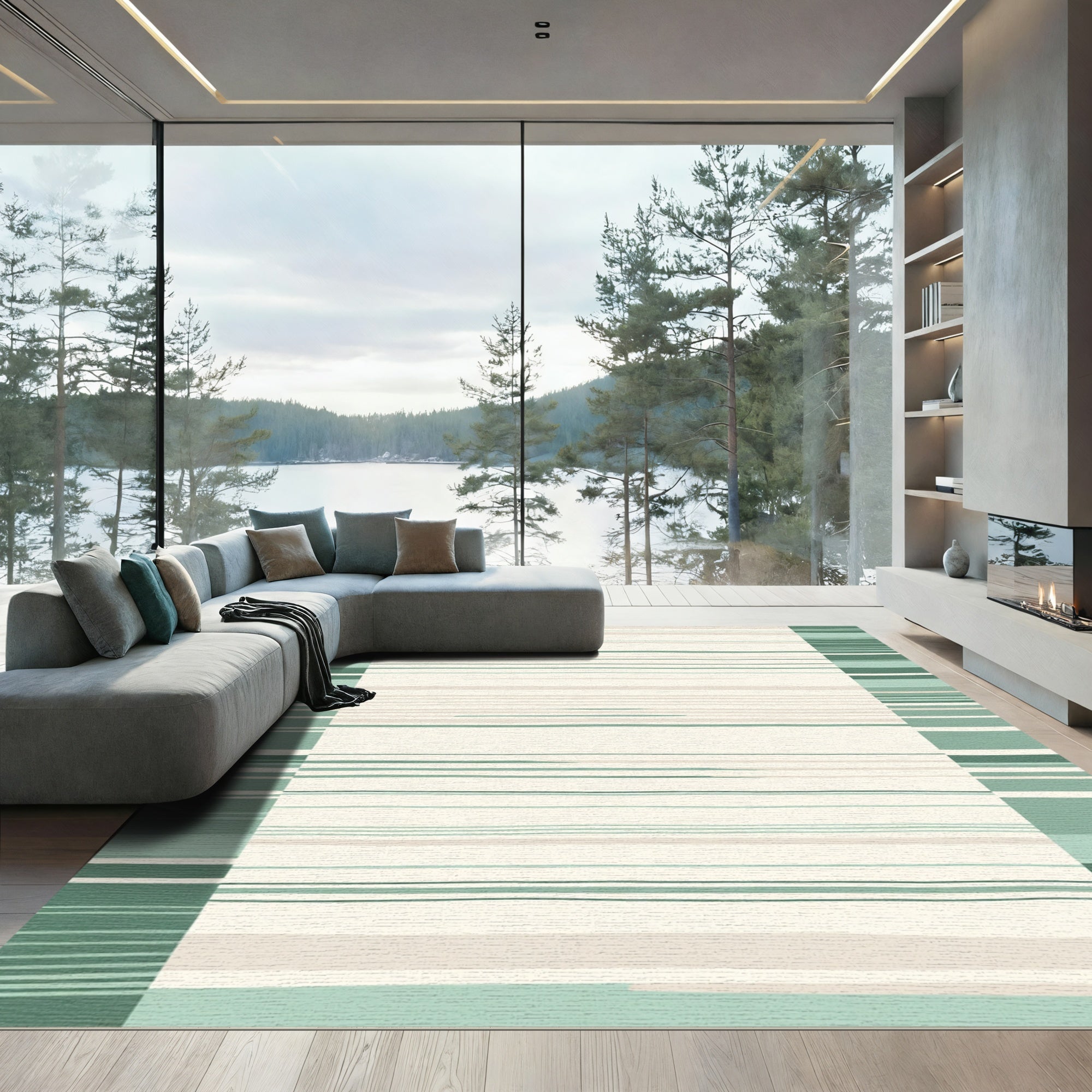 Subtle Sage Green Striped Rectangles Rug