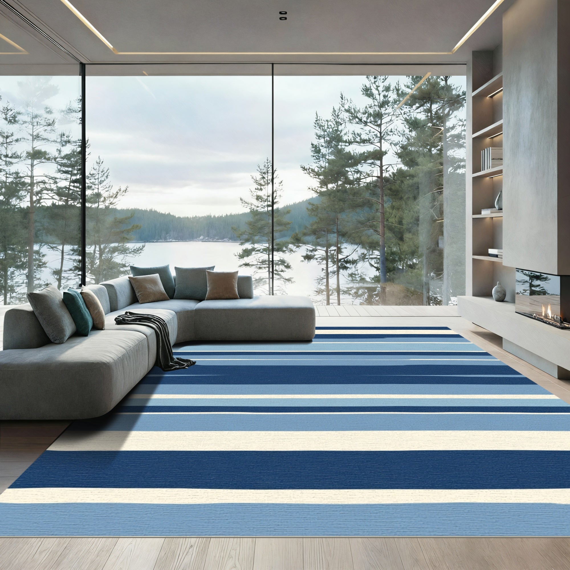 Deep Blue Horizontal Stripe Rug