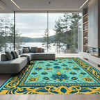 Teal Gold Floral Vine Border Rug