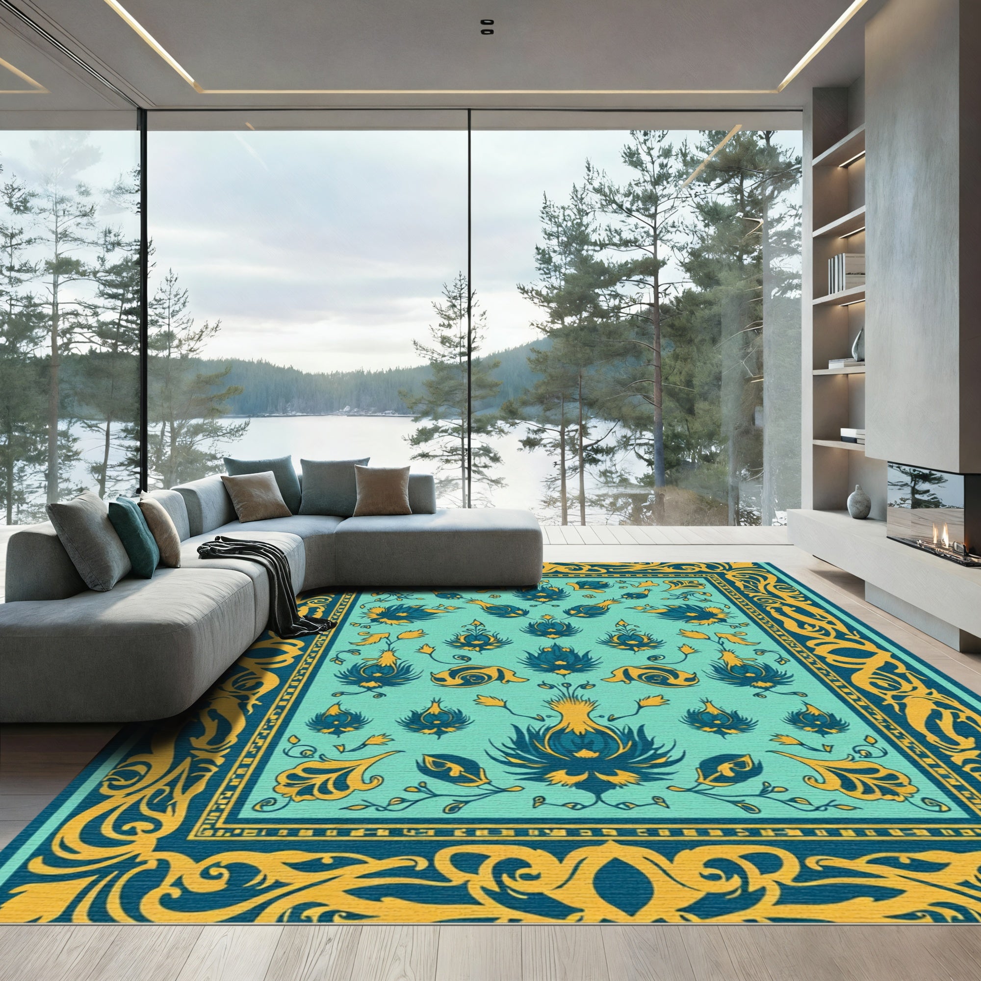 Teal Gold Floral Vine Border Rug