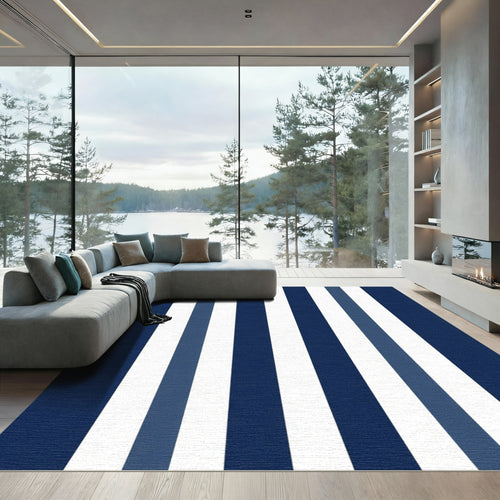 Bold Blue White Vertical Stripe Rug