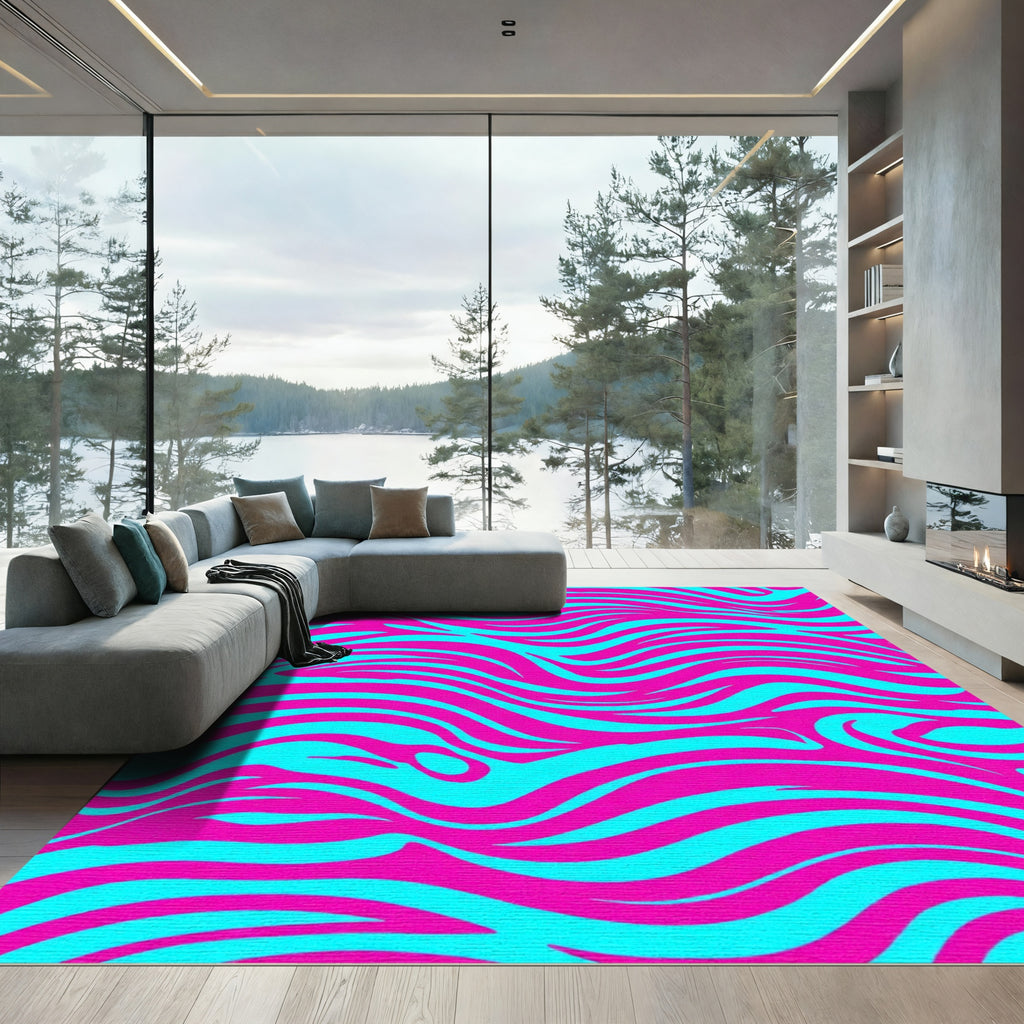 Vibrant Pink Blue Wavy Stripes Rug
