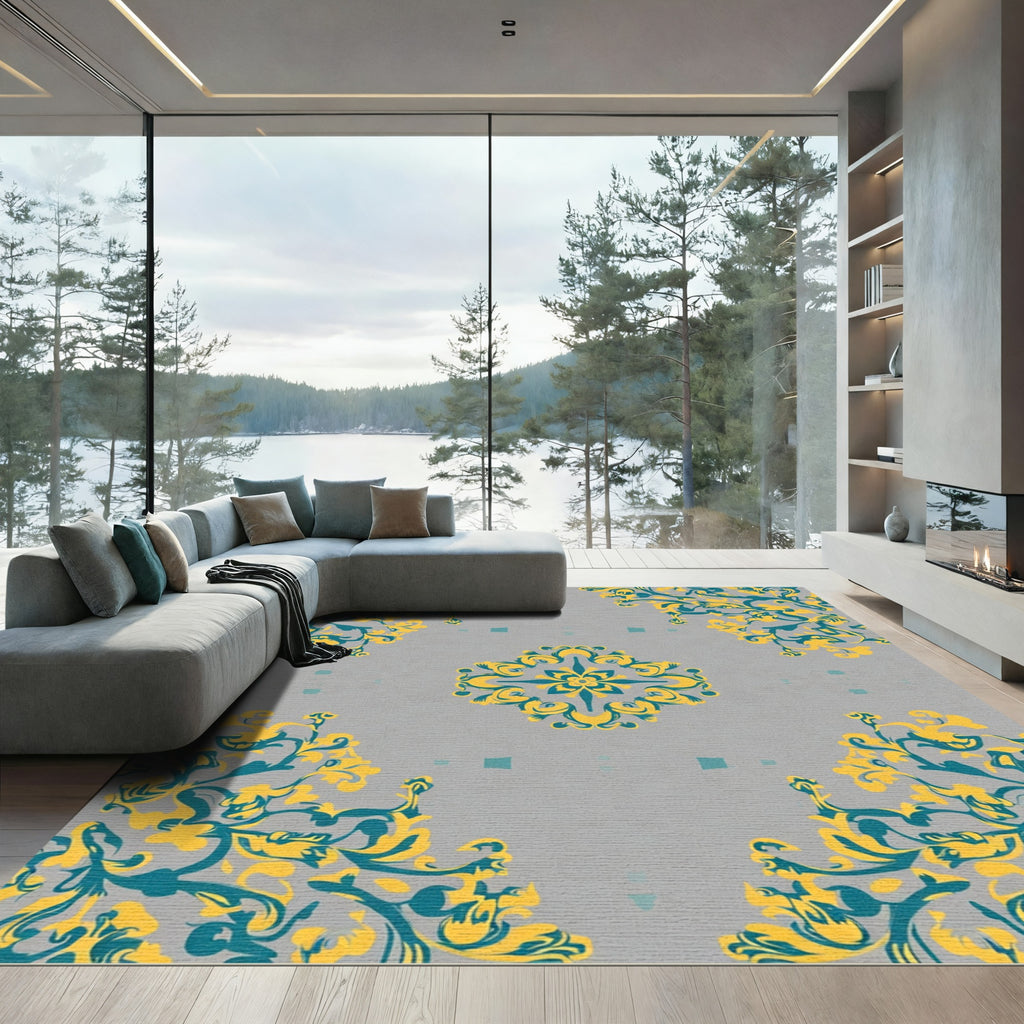 Gray Teal Yellow Floral Medallion Rug