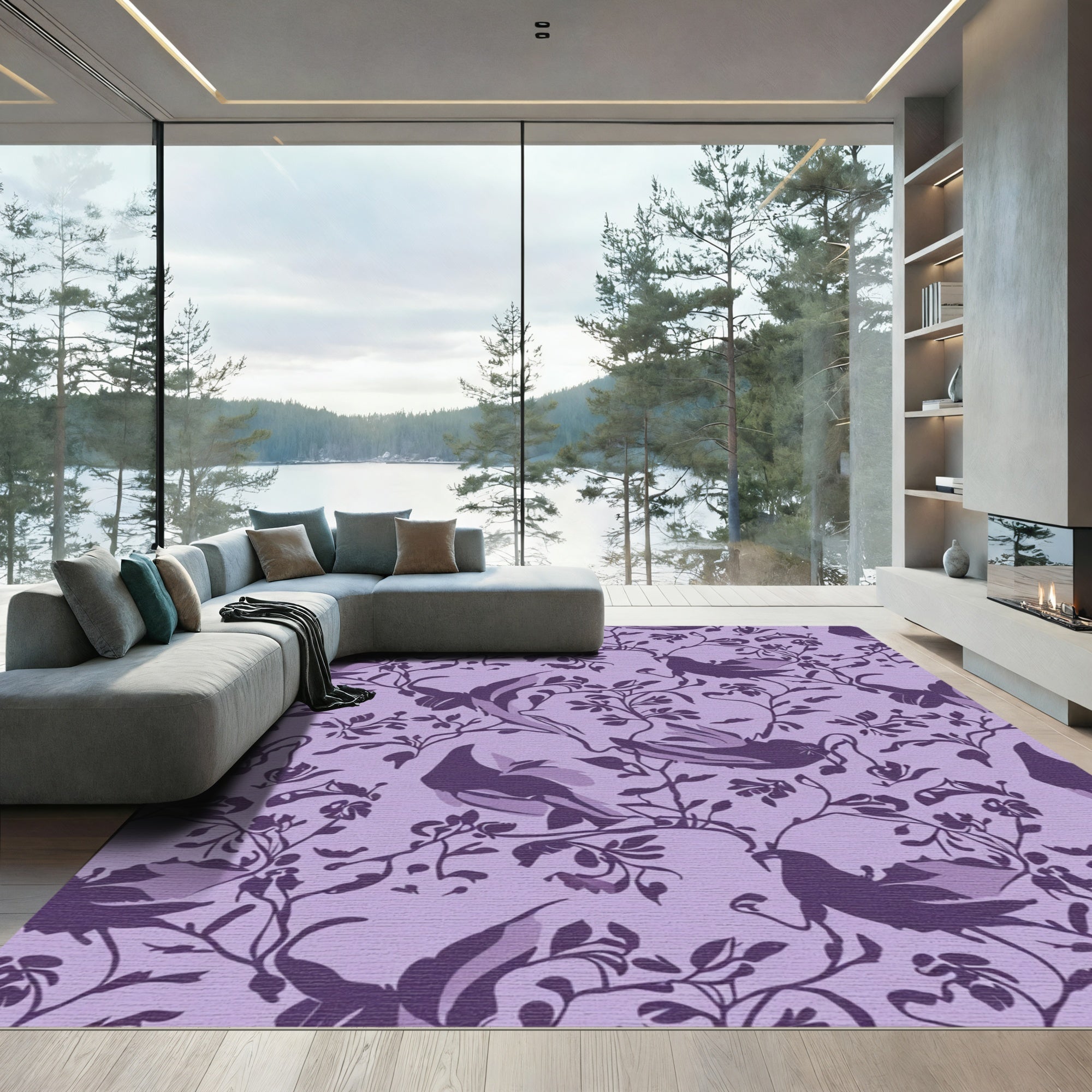 Purple Birds Floral Woodland Scene Rug