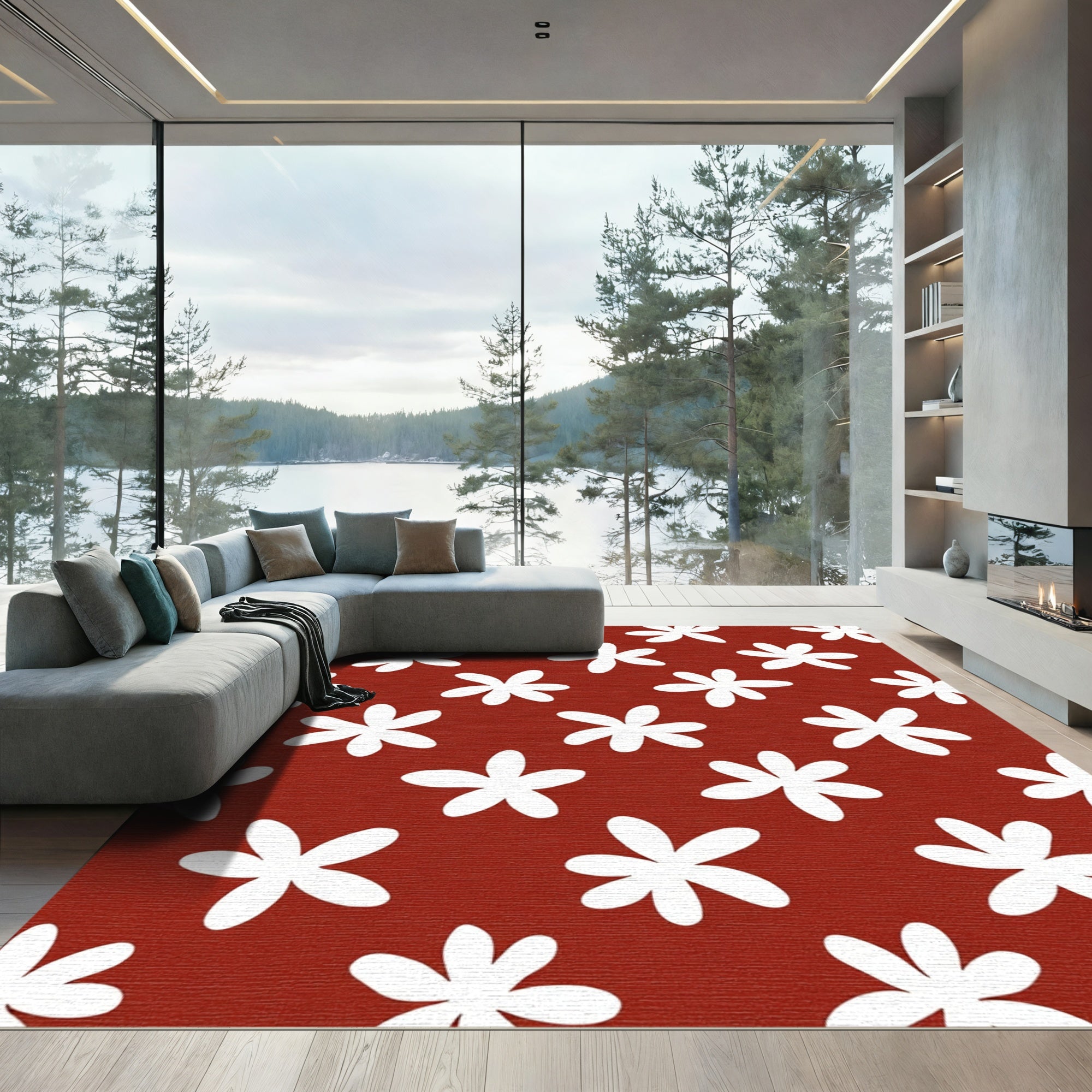 Crimson White Petal Cluster Rug