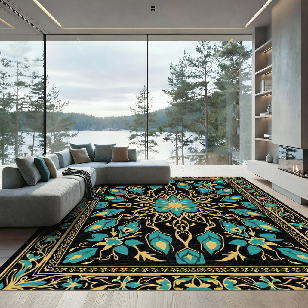 Black Teal Gold Floral Medallion Rug