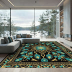 Black Teal Gold Floral Medallion Rug