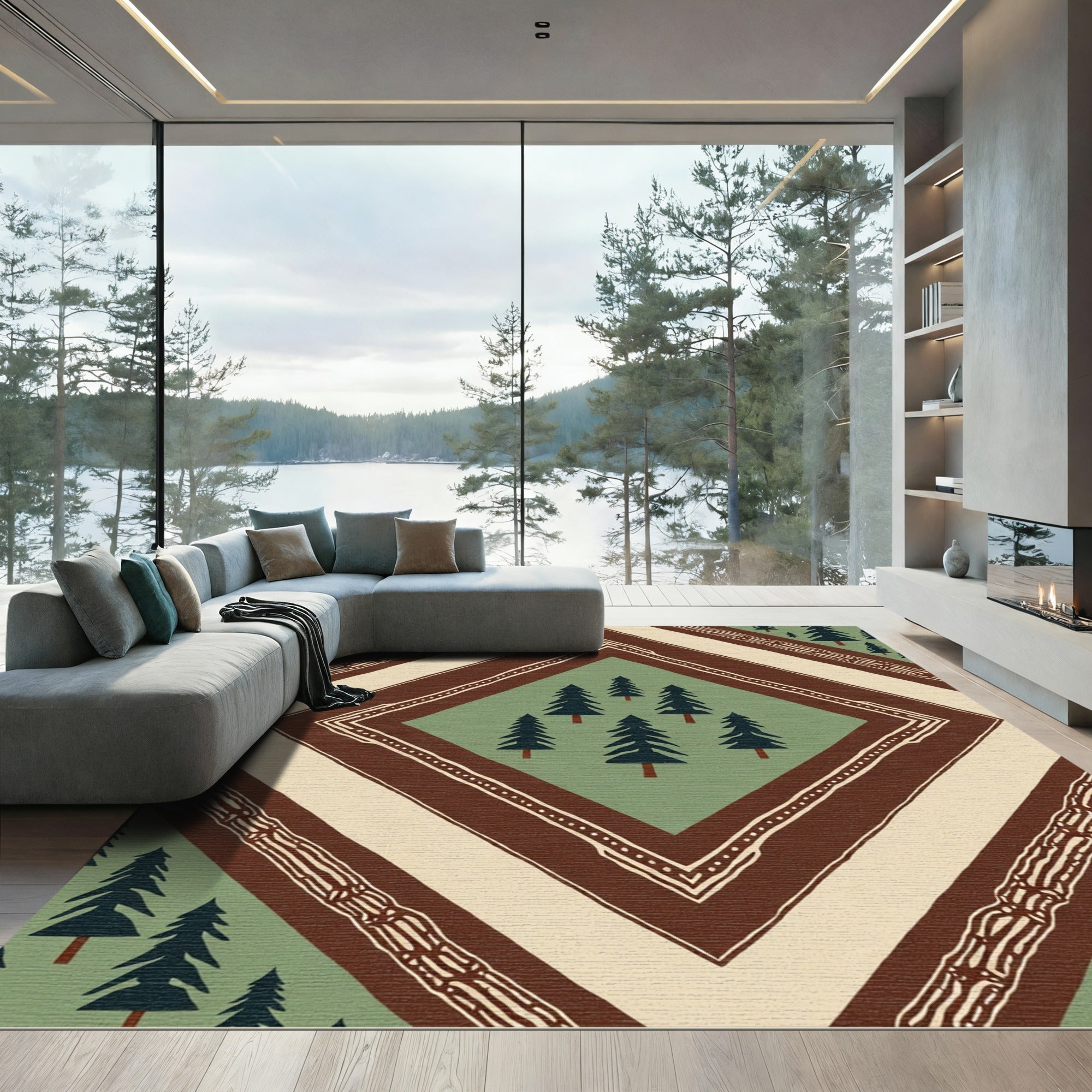 Forest Green Pine Diamond Border Rug