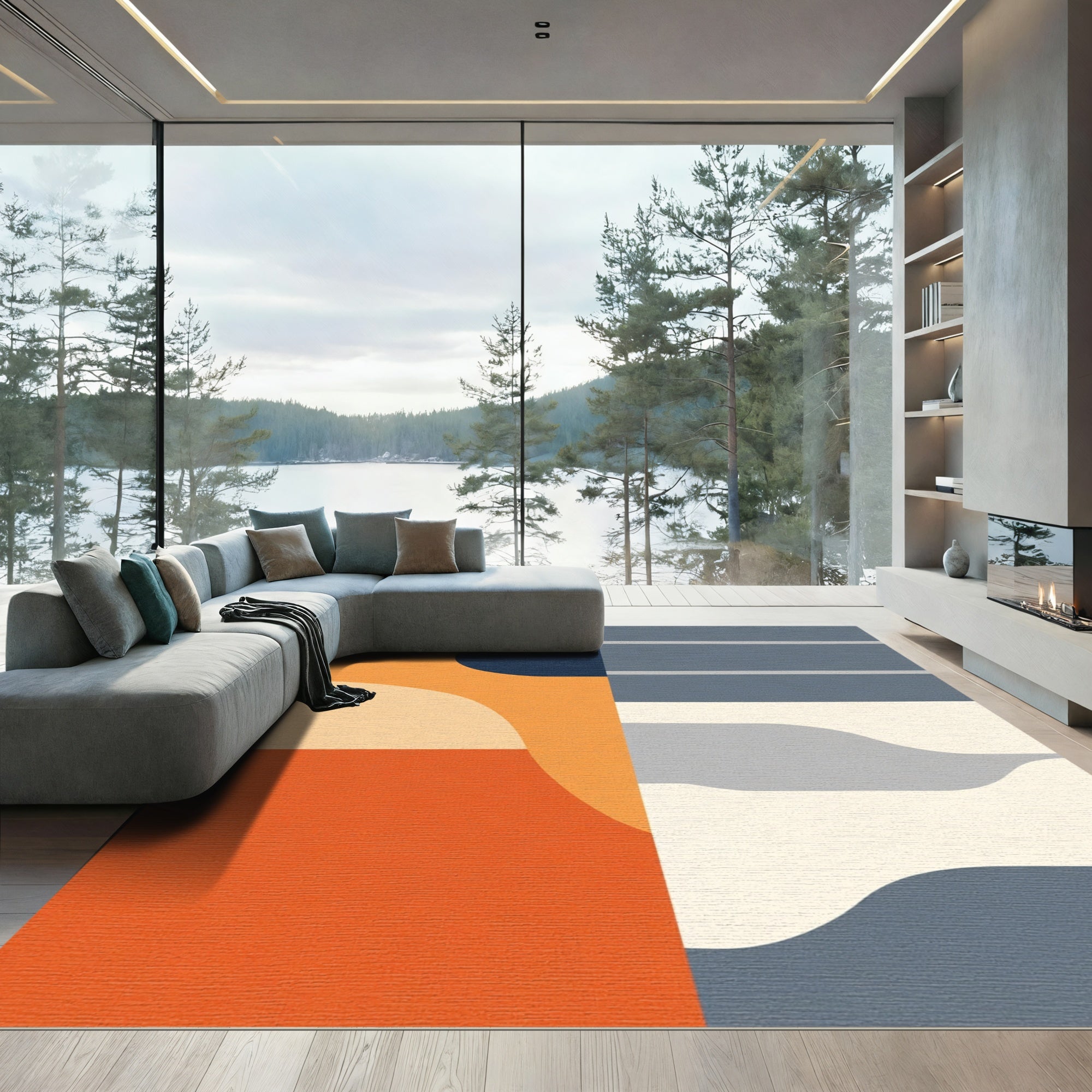 Modern Orange Blue Abstract Wave Rug