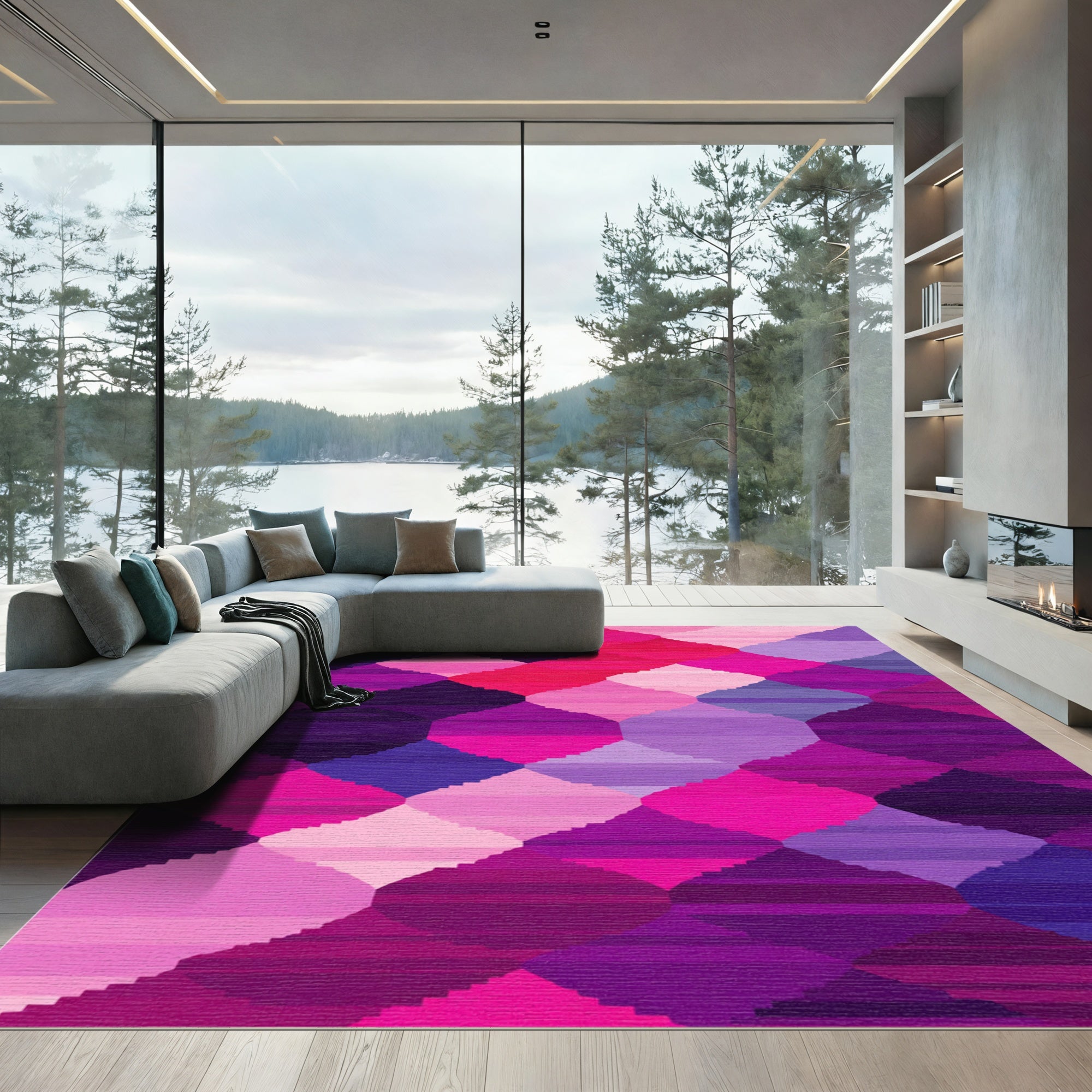 Vibrant Magenta Geometric Diamond Quilt Rug