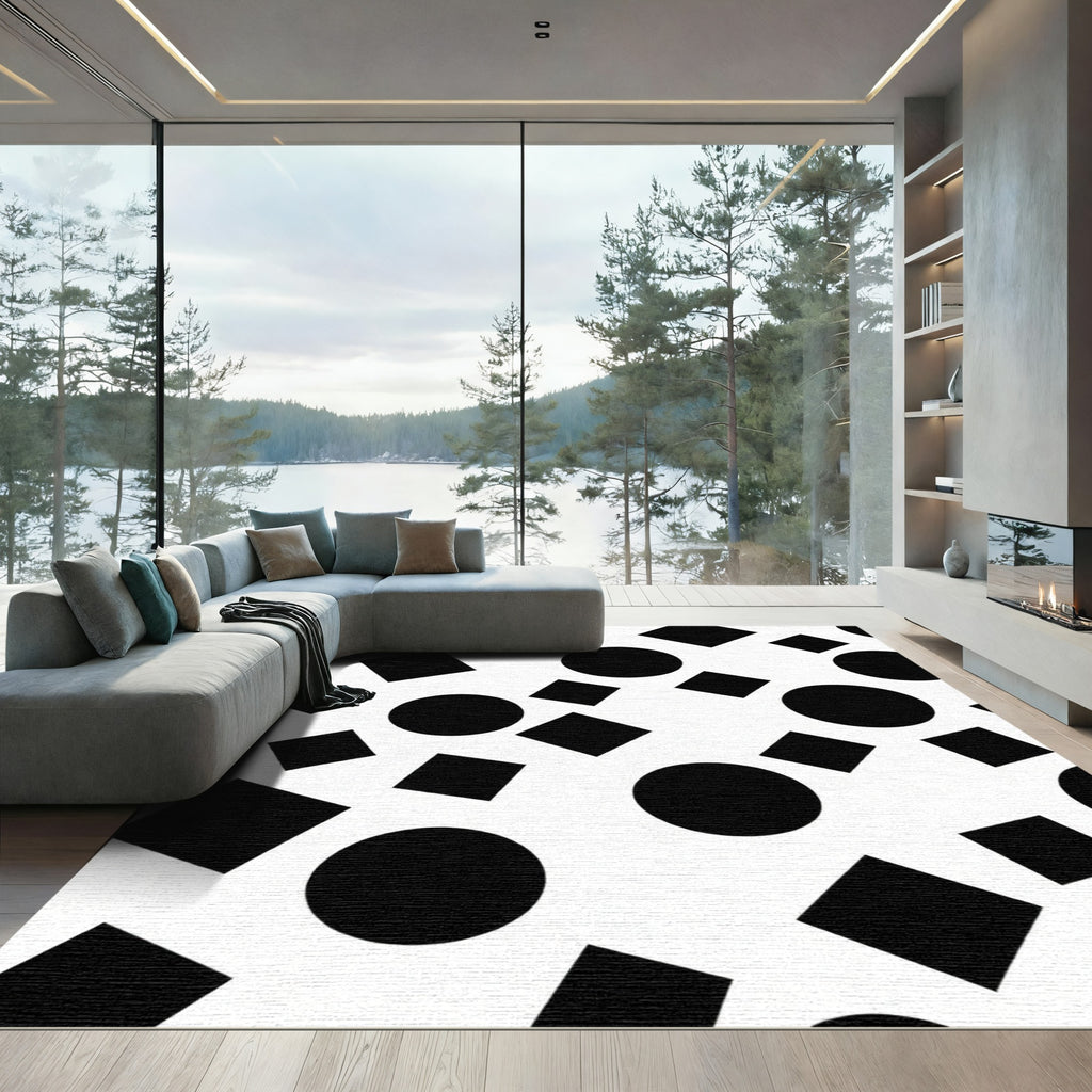 Black and White Geometric Circles Squares Rug