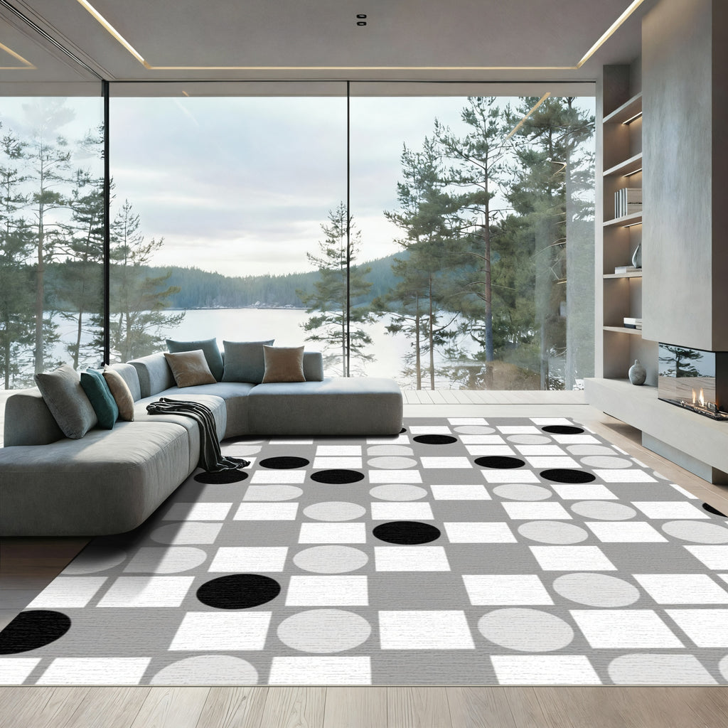 Modern Black White Geometric Circles Rug