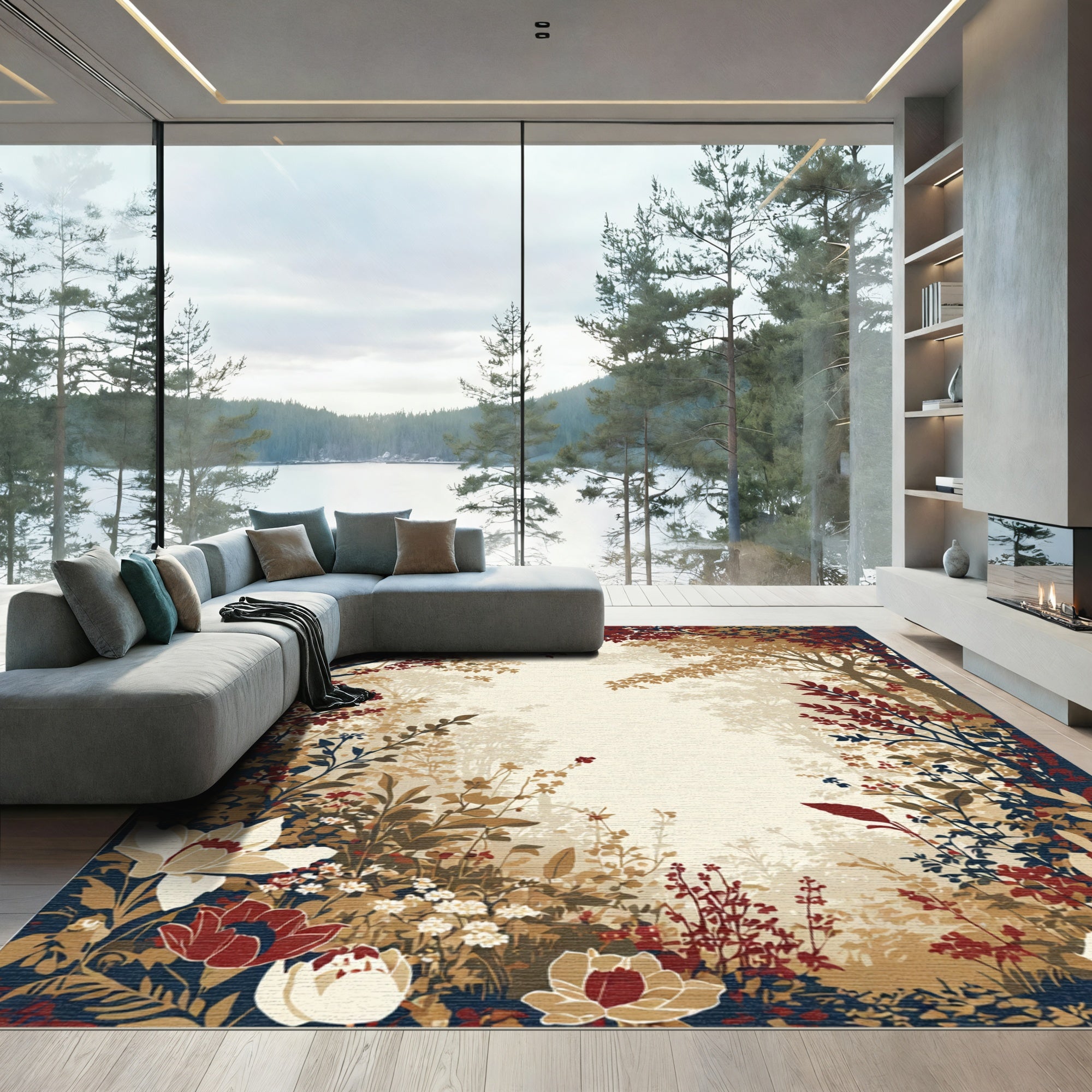 Woodland Floral Medley Tan Red Rug