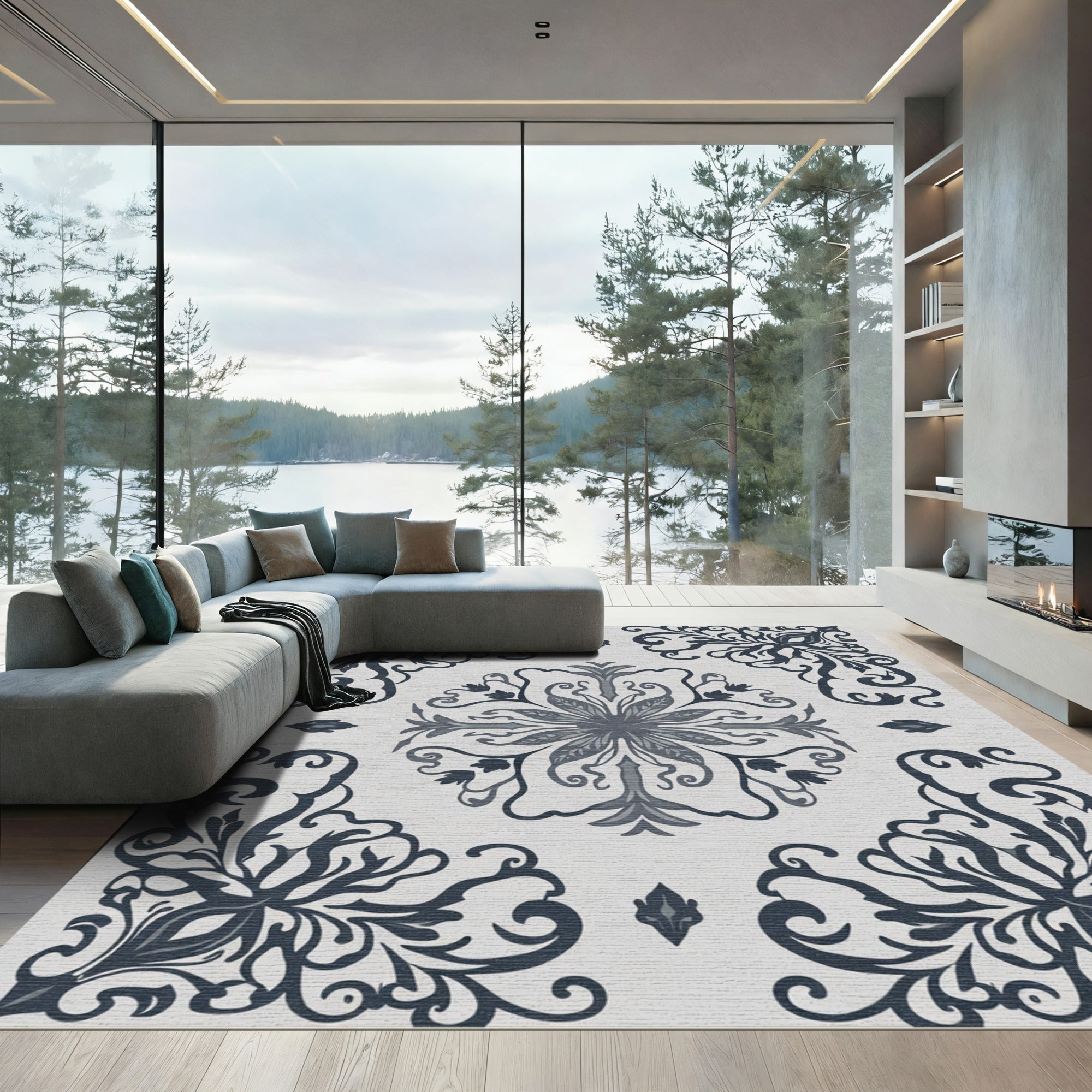 Deep Blue Floral Medallion Scroll Rug