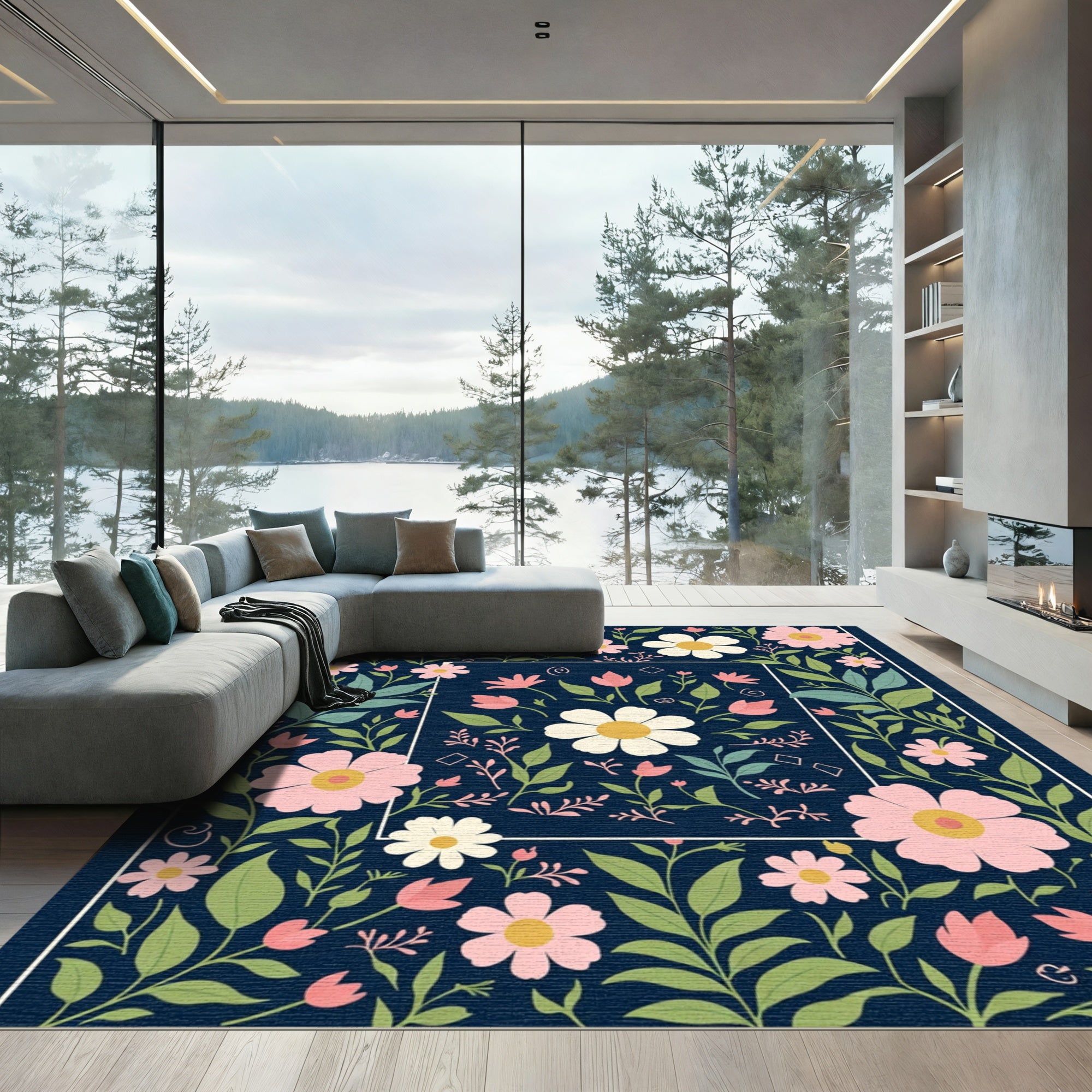 Navy Blue Floral Garden Artwork Rug