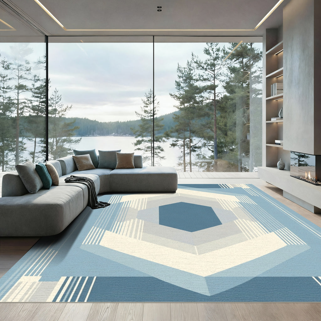 Geometric Sapphire Hexagon Layered Rug