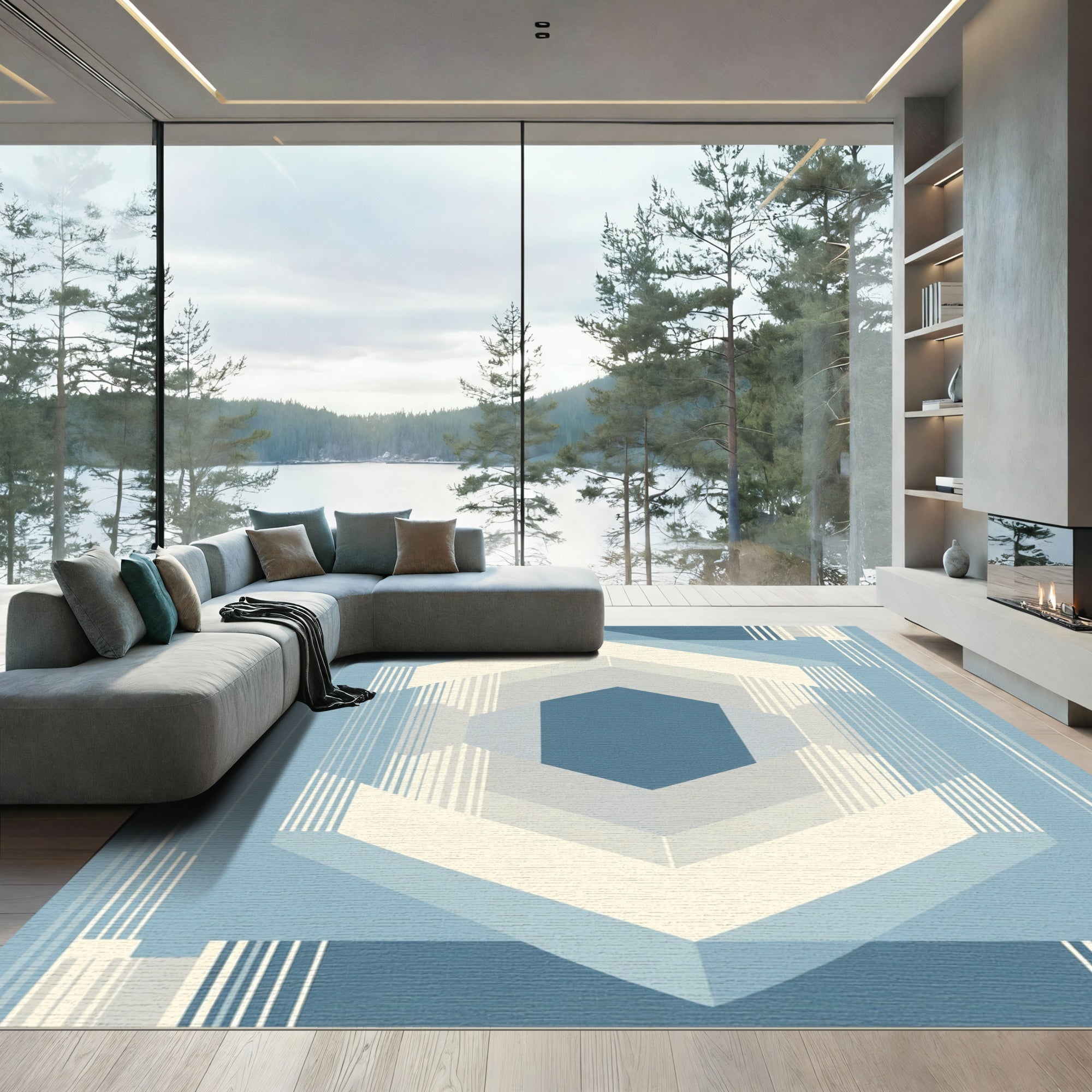 Geometric Sapphire Hexagon Layered Rug