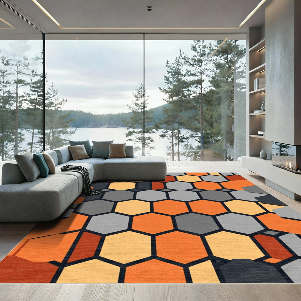 Geometric Honeycomb Orange Gray Rug
