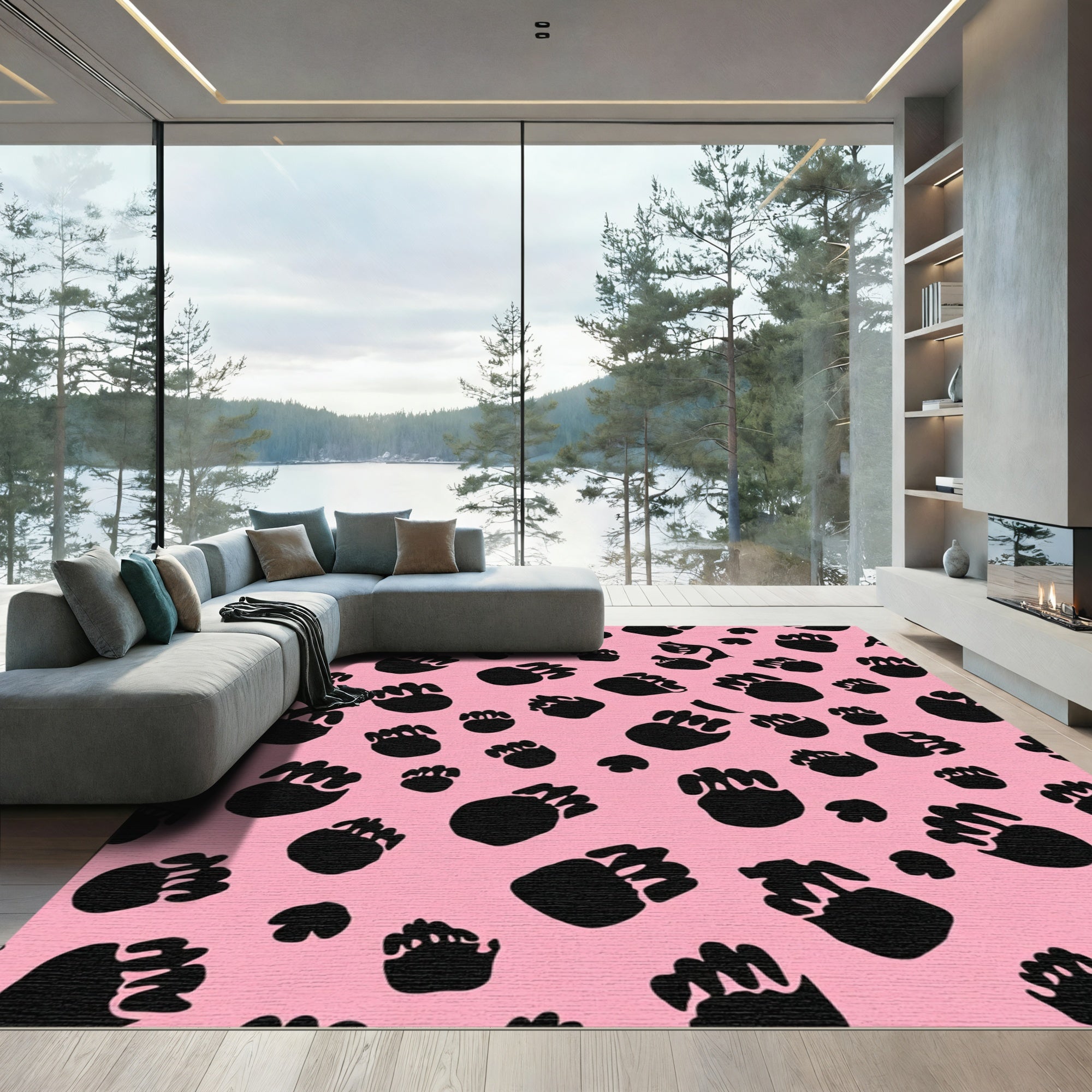 Pink Black Paw Print Scattered Collage Rug