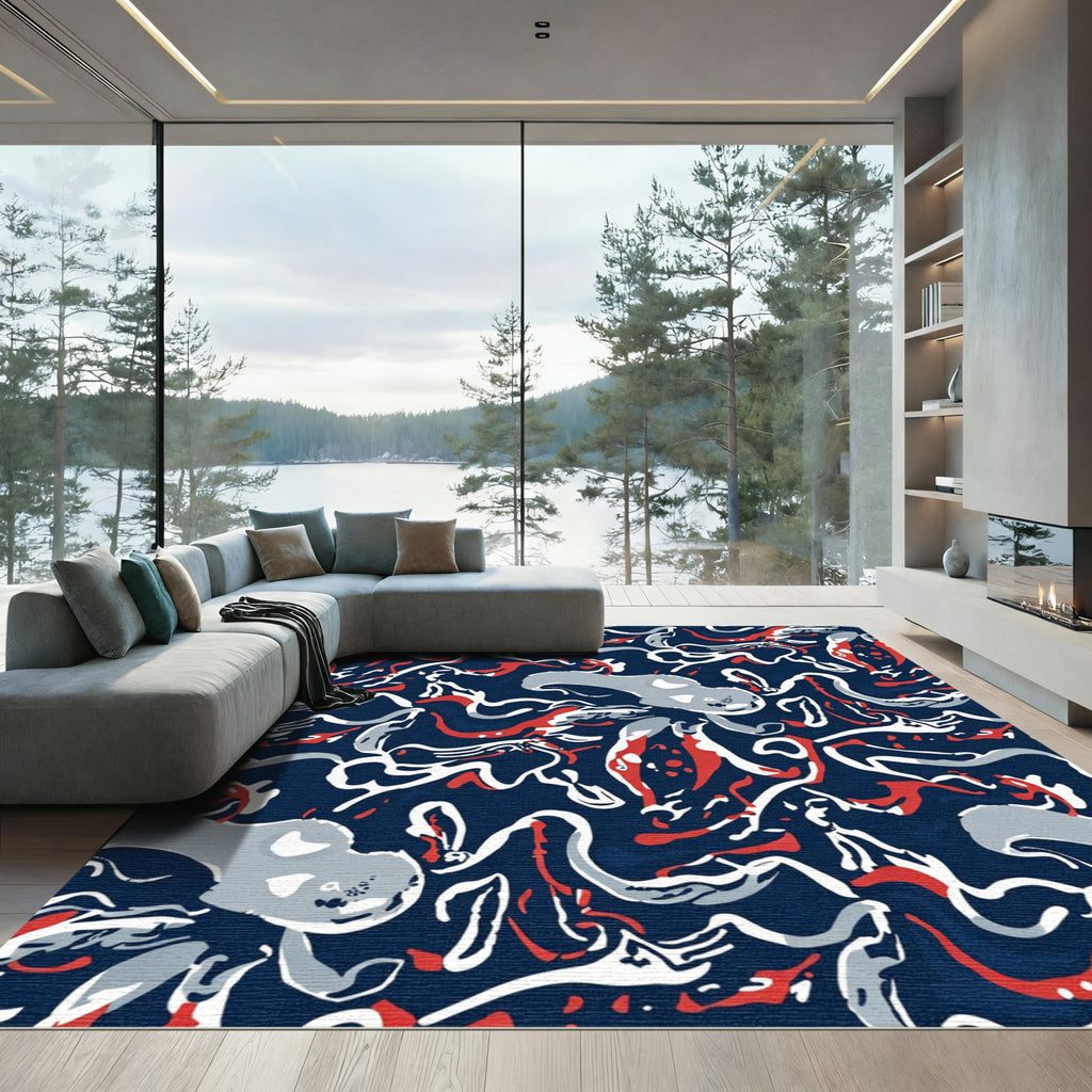 Navy Red White Abstract Swirl Rug