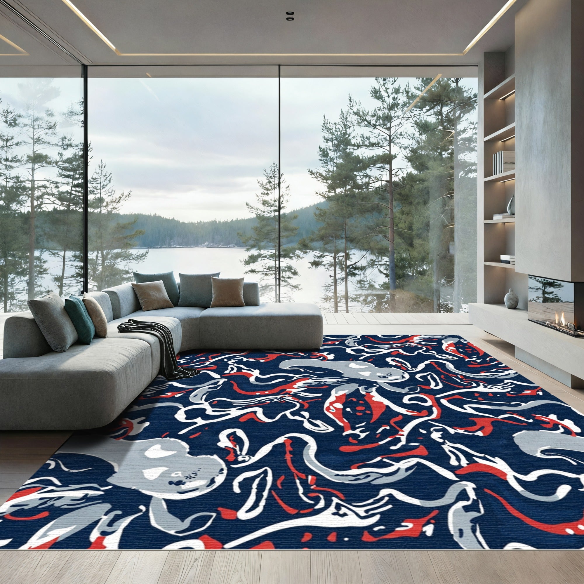 Navy Red White Abstract Swirl Rug