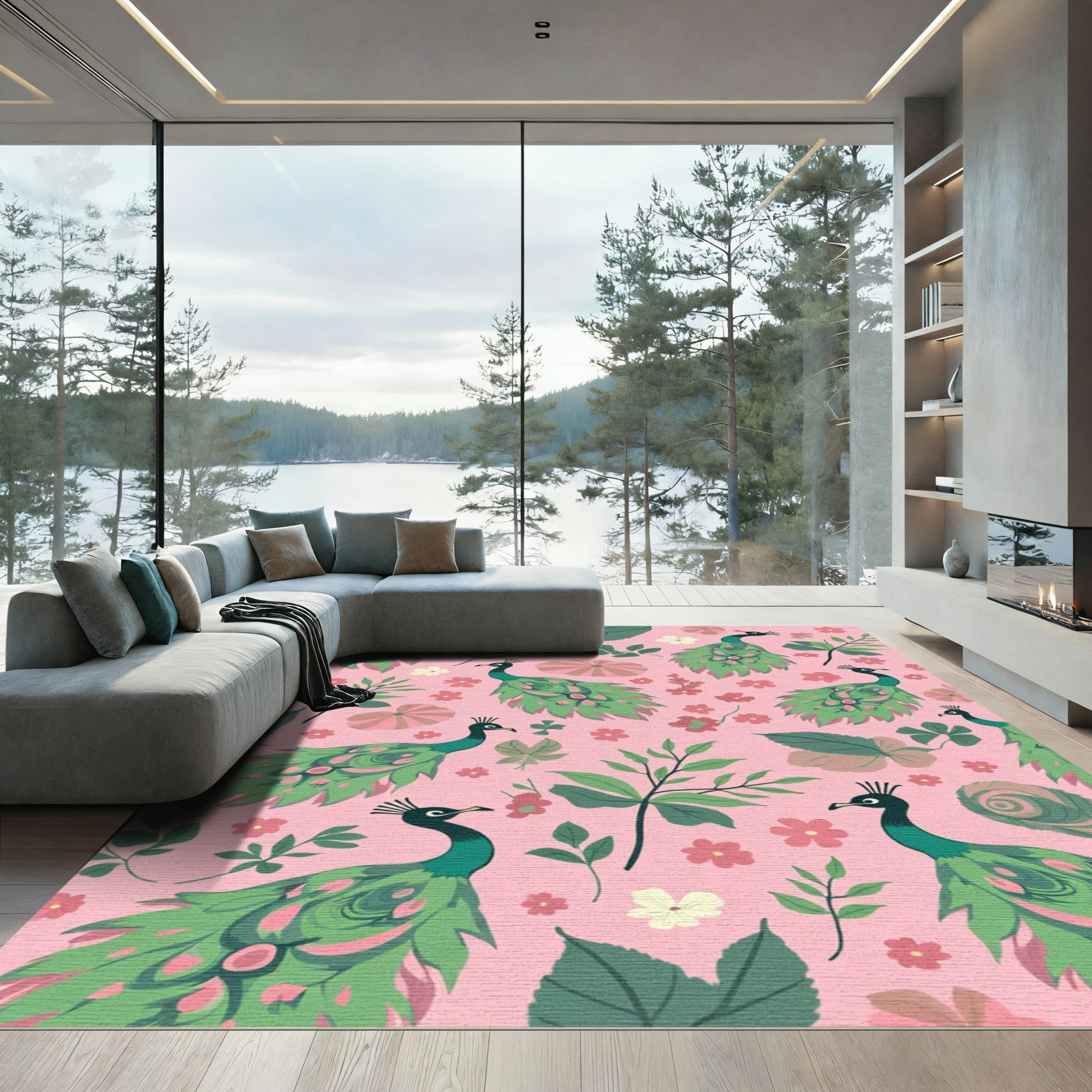 Whimsical Teal Peacock Floral Arrangement Rug