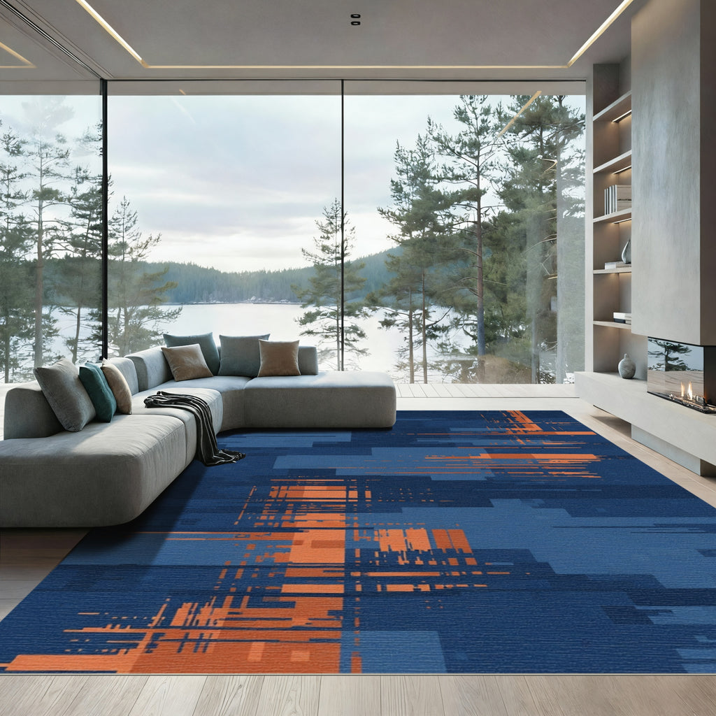 Deep Blue Orange Glitch Rectangles Rug
