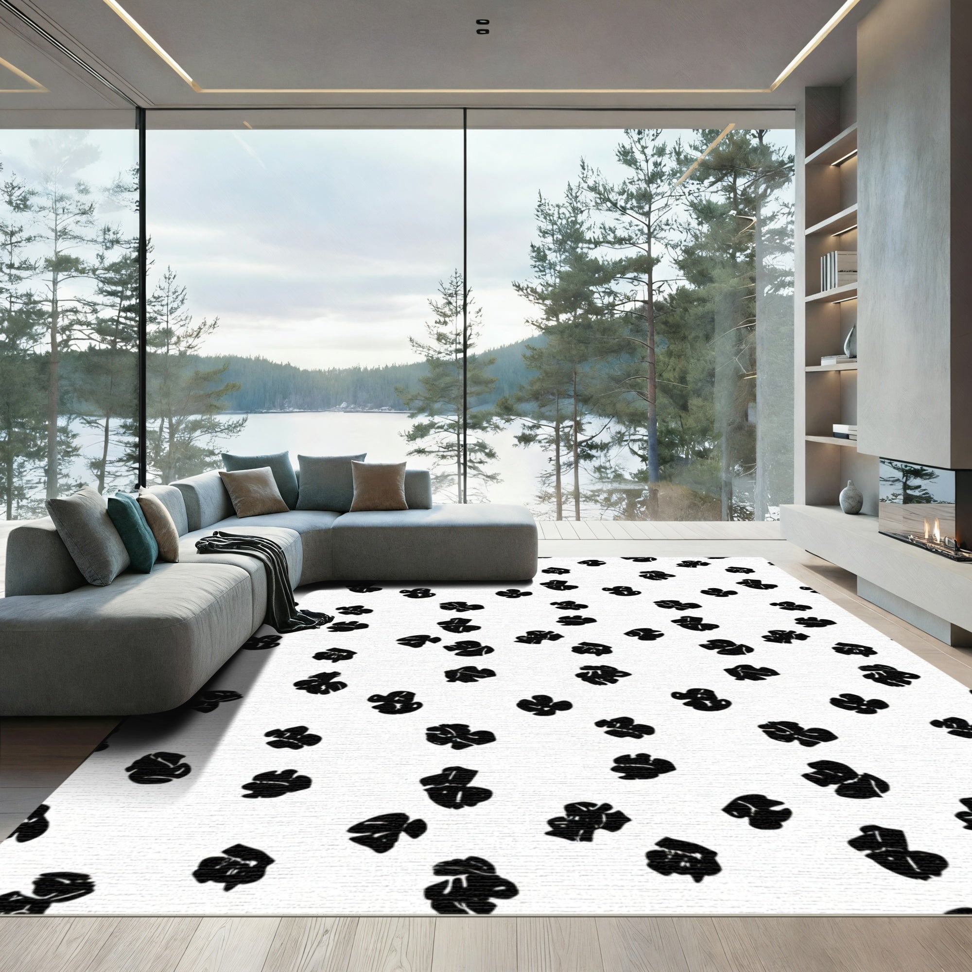 Monochrome Abstract Floral Scatter Rug