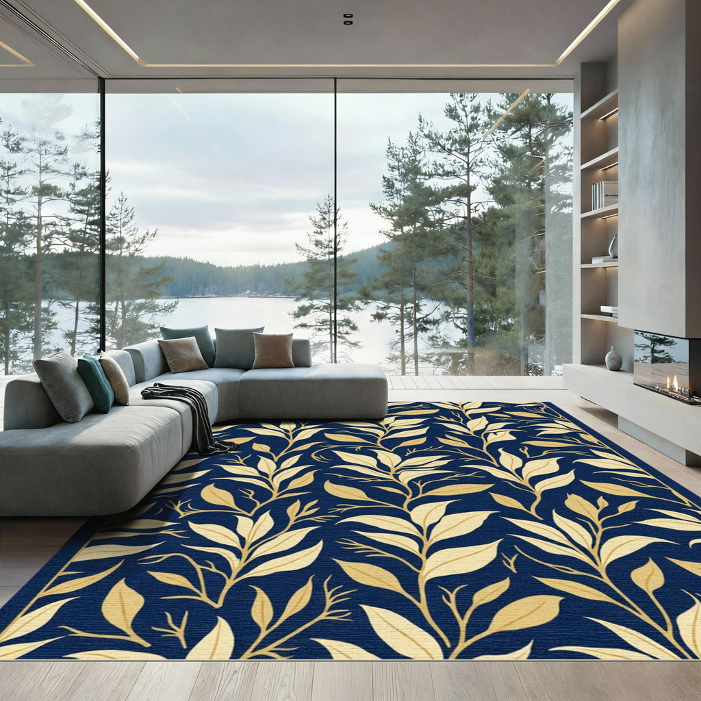 Navy Blue Golden Leafy Branches Rug