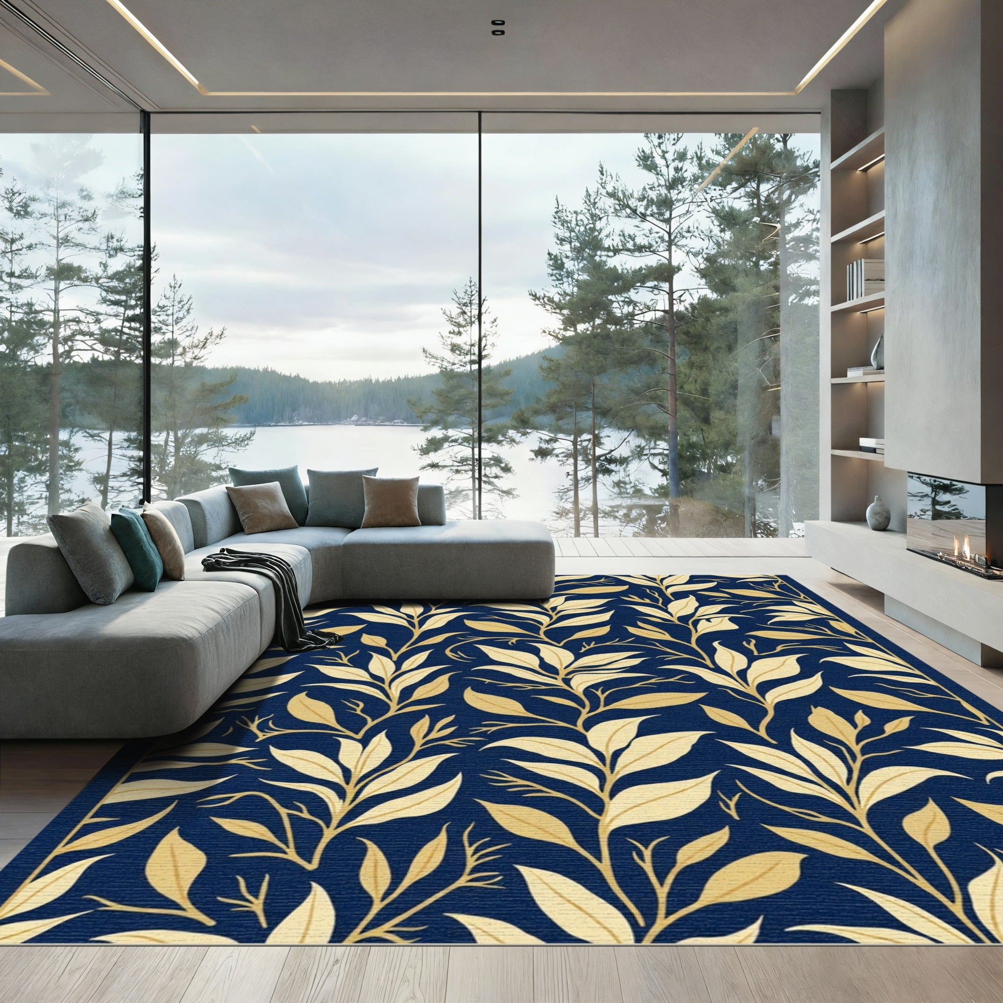 Navy Blue Golden Leafy Branches Rug