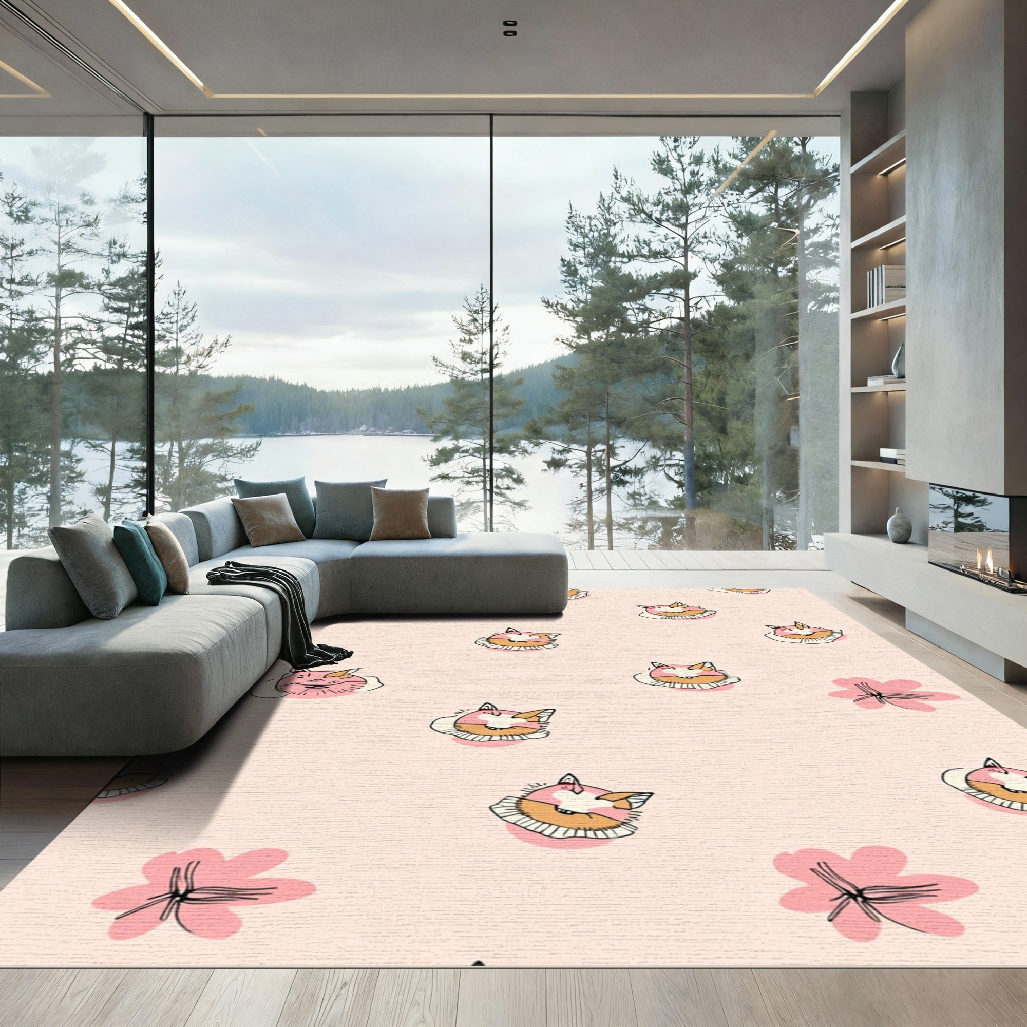 Pink Floral Cat Faces Rug