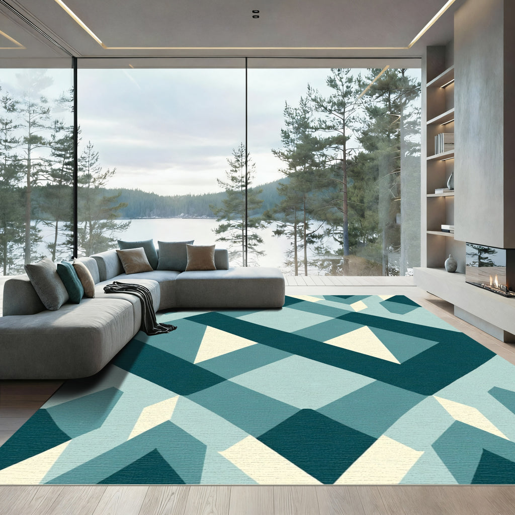 Teal Beige Geometric Diamond Weave Rug