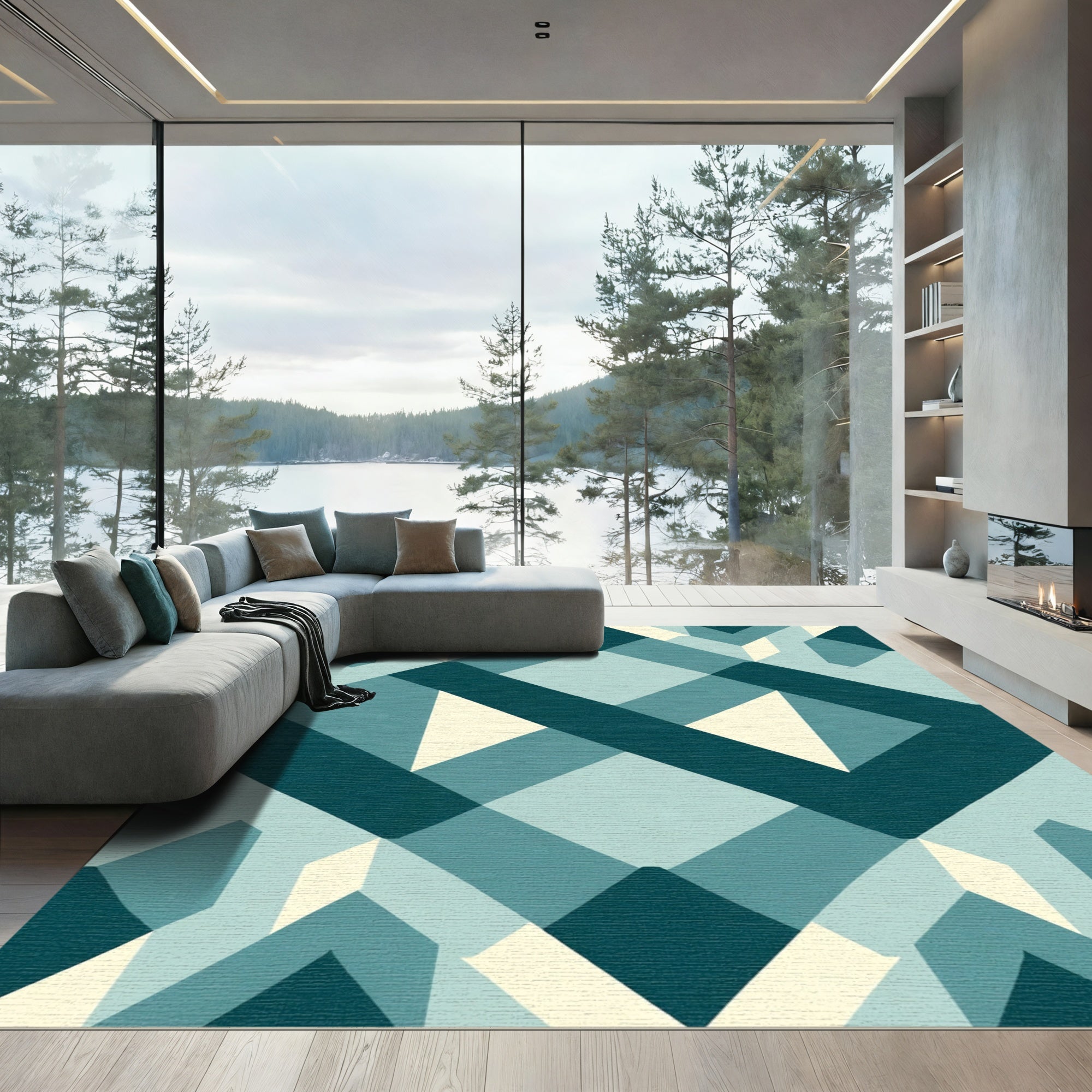 Teal Beige Geometric Diamond Weave Rug