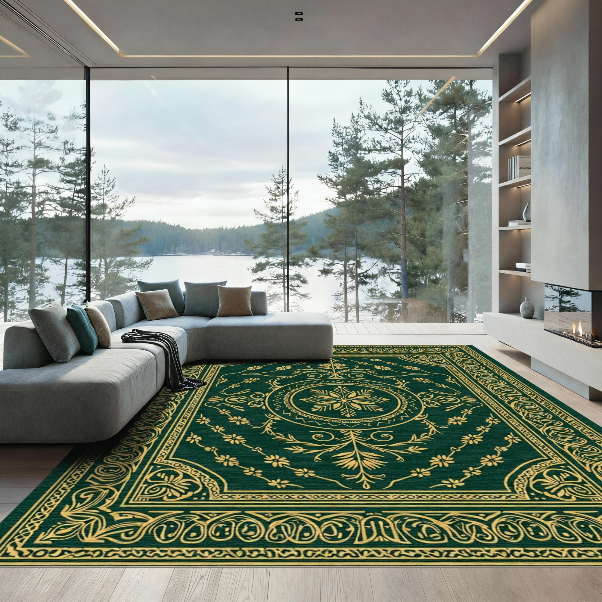 Emerald Golden Arabesque Floral Medallion Rug