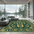 Deep Emerald Golden Floral Medallion Rug