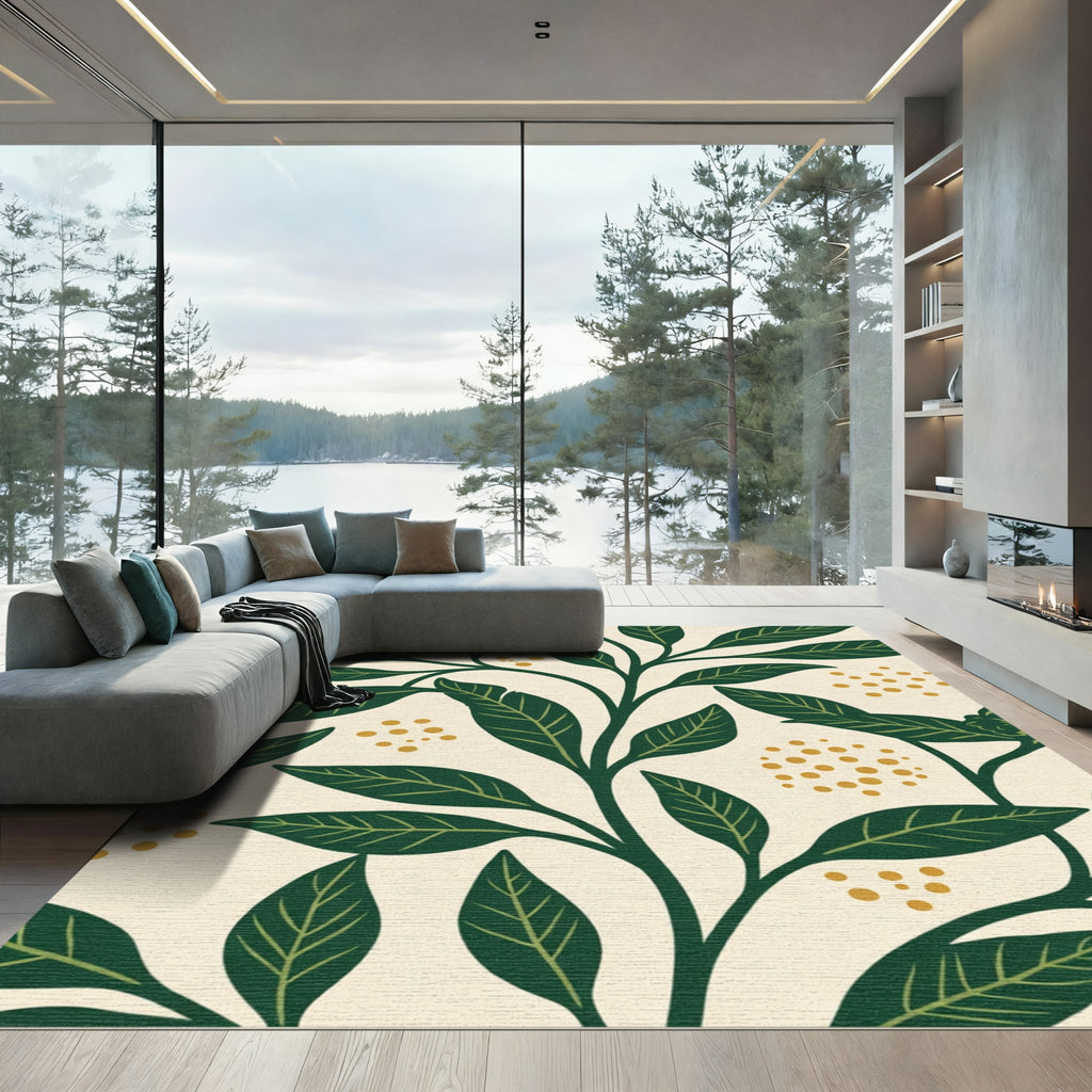 Emerald Green Leafy Vine Gold Dots Rug