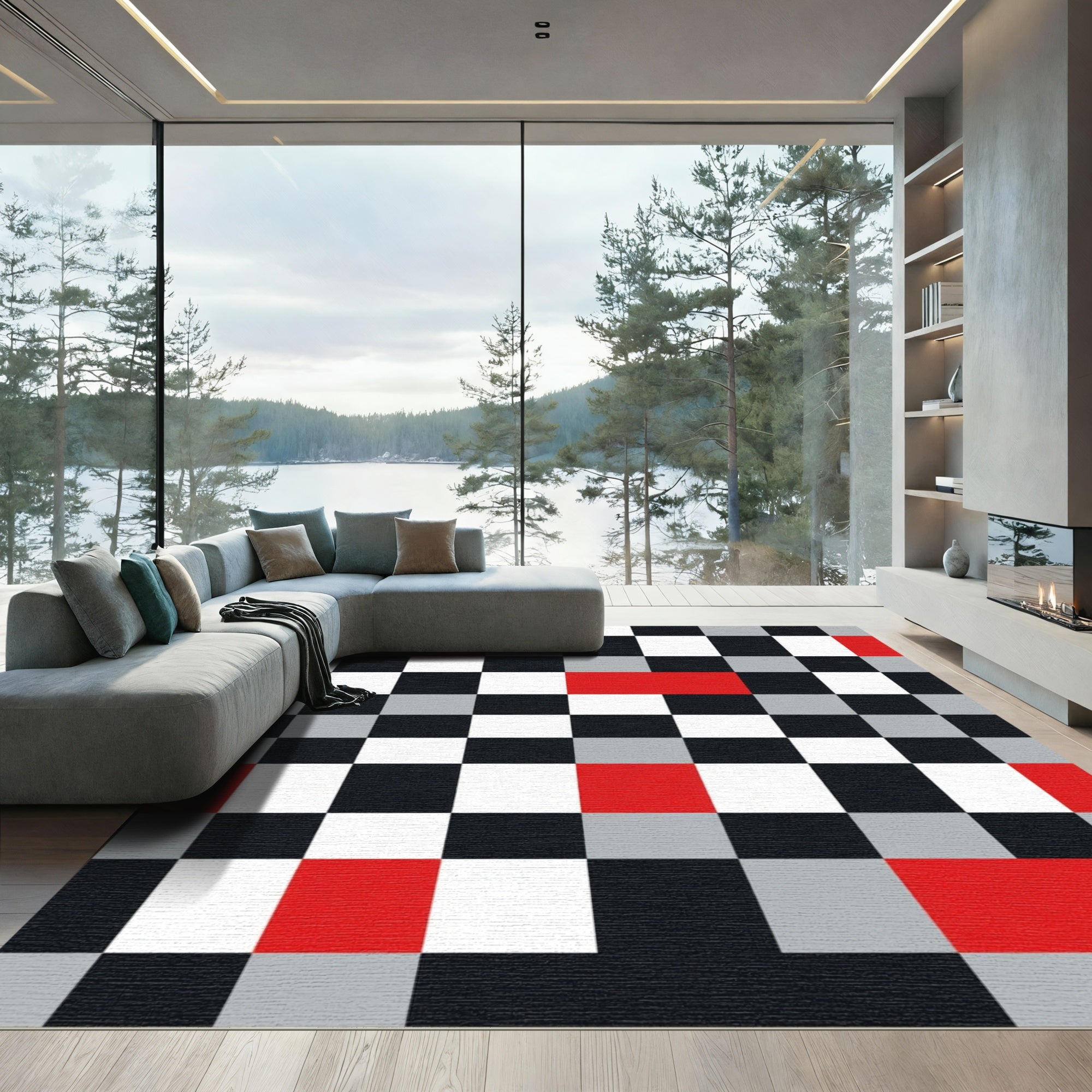Bold Checkerboard Red Black White Squares Rug