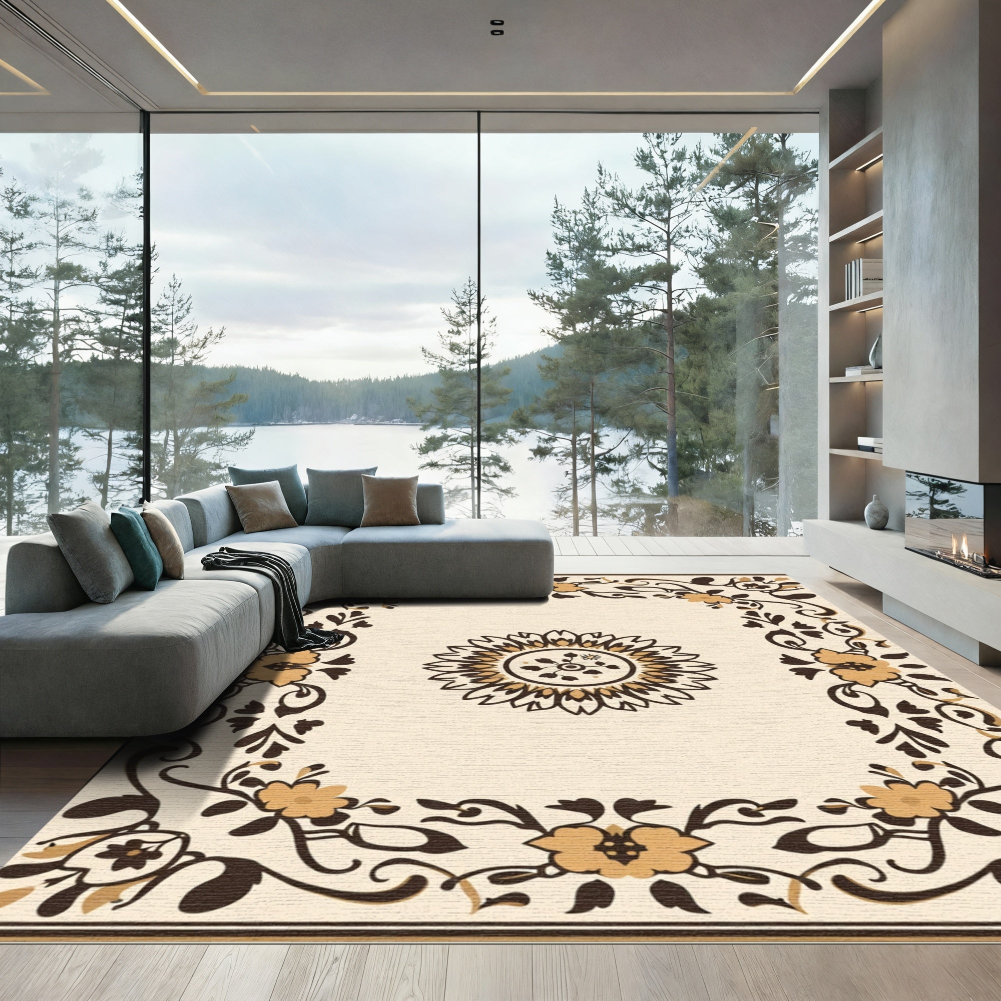 Golden Brown Floral Border Medallion Rug