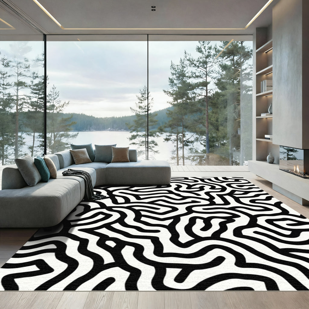 Black White Abstract Maze Topology Rug