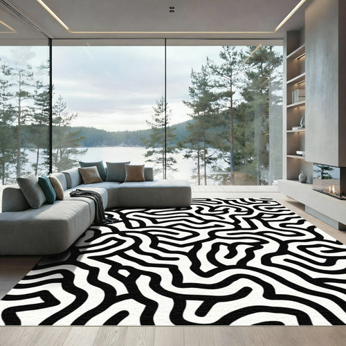 Black White Abstract Maze Topology Rug