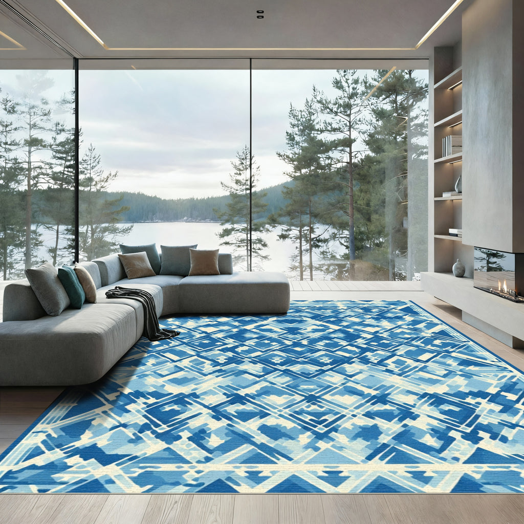 Blue Diamond Lattice Watercolor Rug