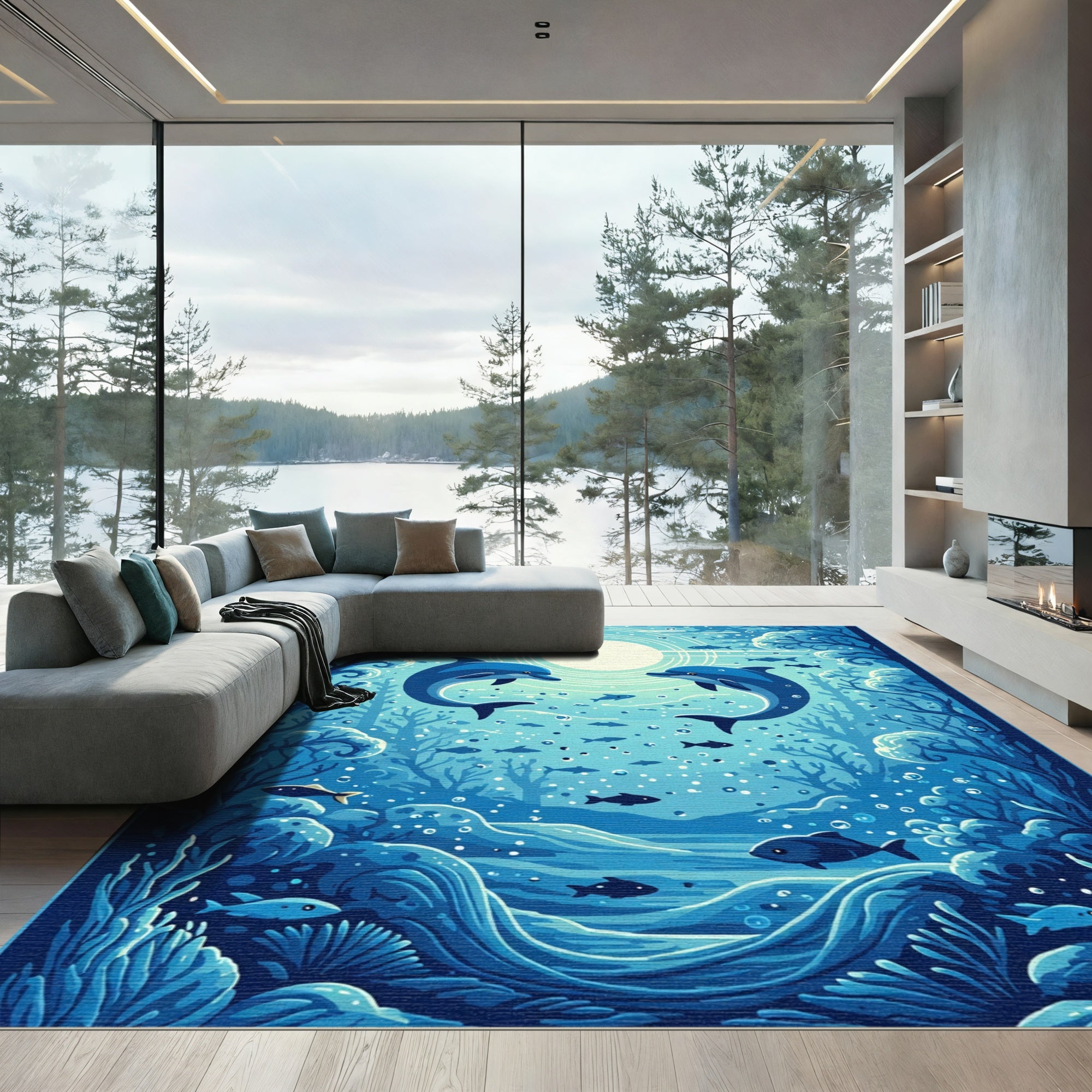 Ocean Dolphins Underwater Sun Rays Rug