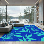 Aqua Leaf Pattern On Blue Surface Rug