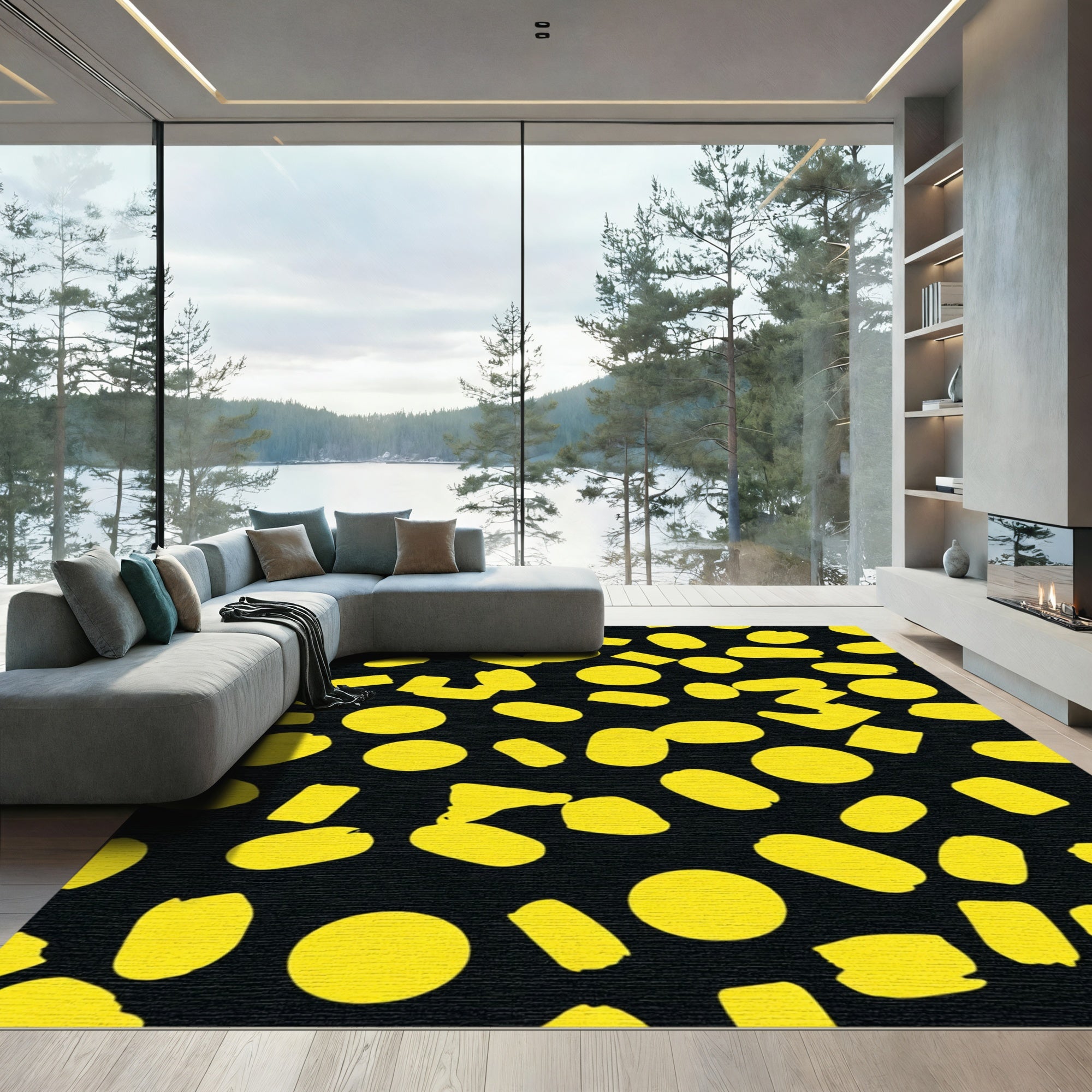 Vibrant Yellow Circles and Shapes Rug