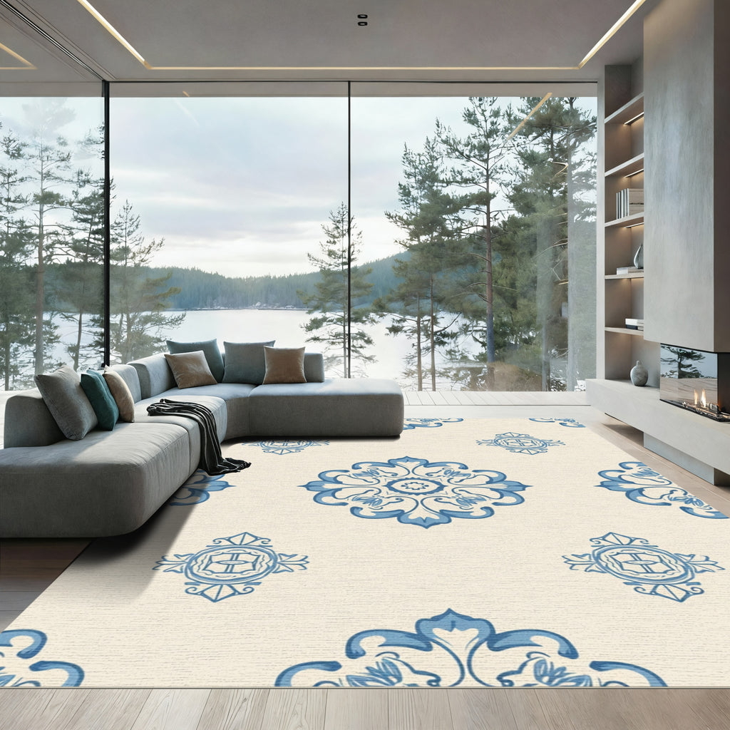 Blue Floral Mandala Cream Background Rug