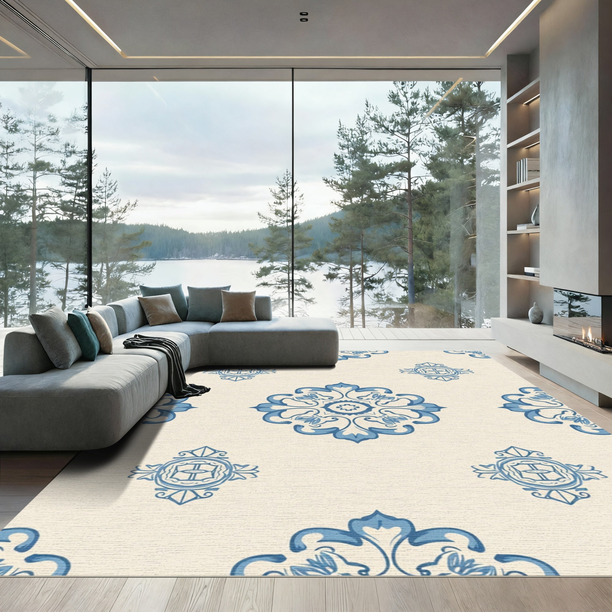 Blue Floral Mandala Cream Background Rug