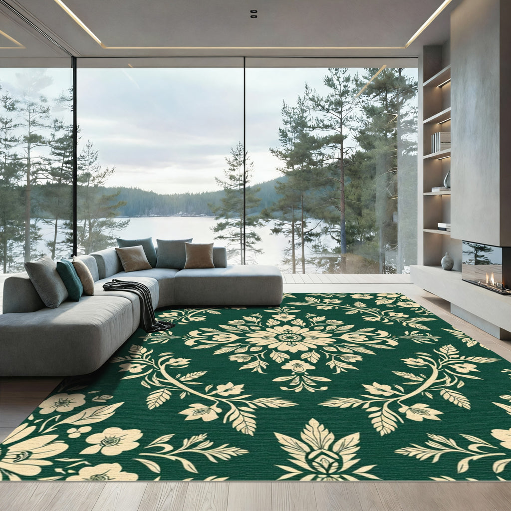 Elegant Cream Floral Damask Emerald Rug